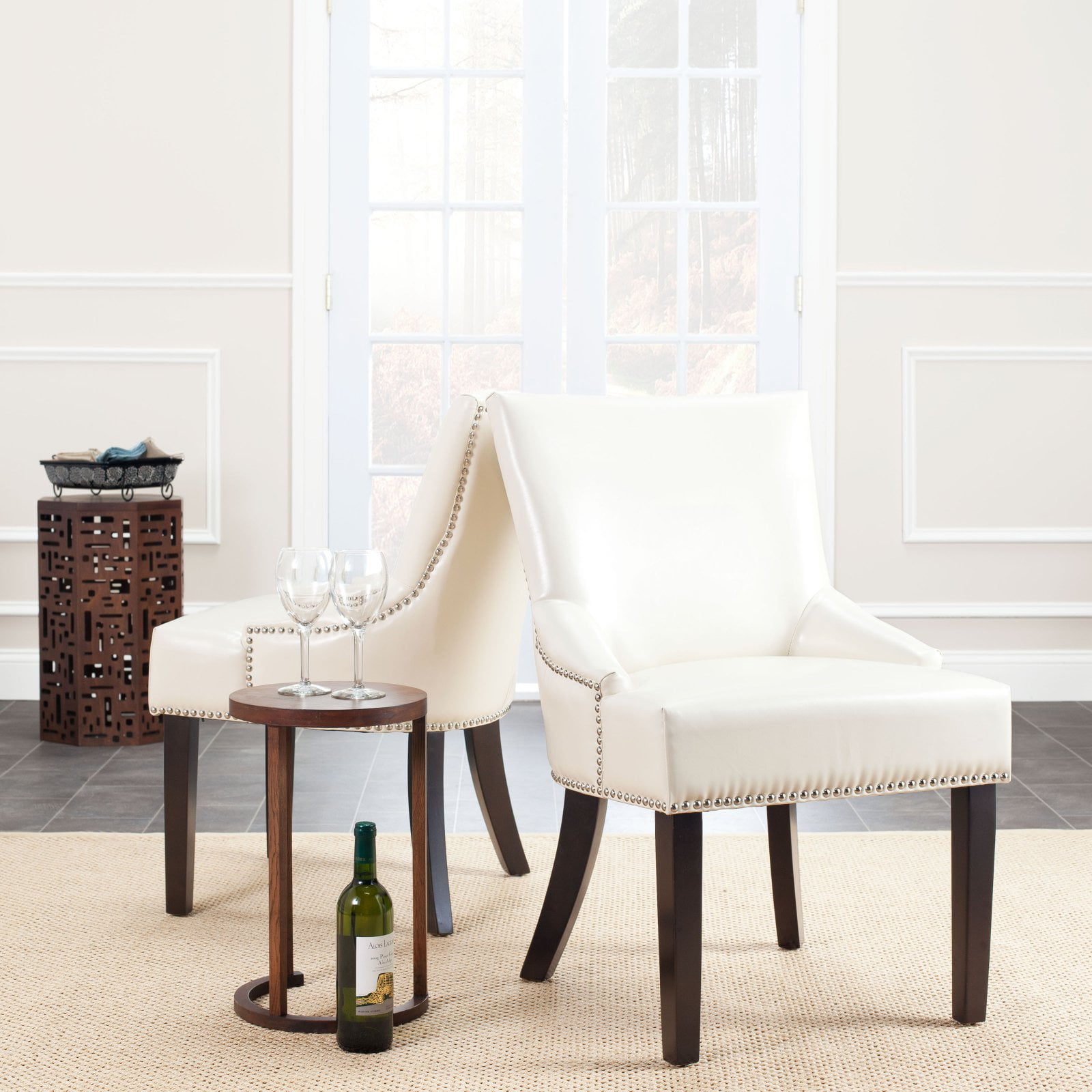 Transitional Flat Cream Leather Upholstered Side Chair with Nailhead Trim
