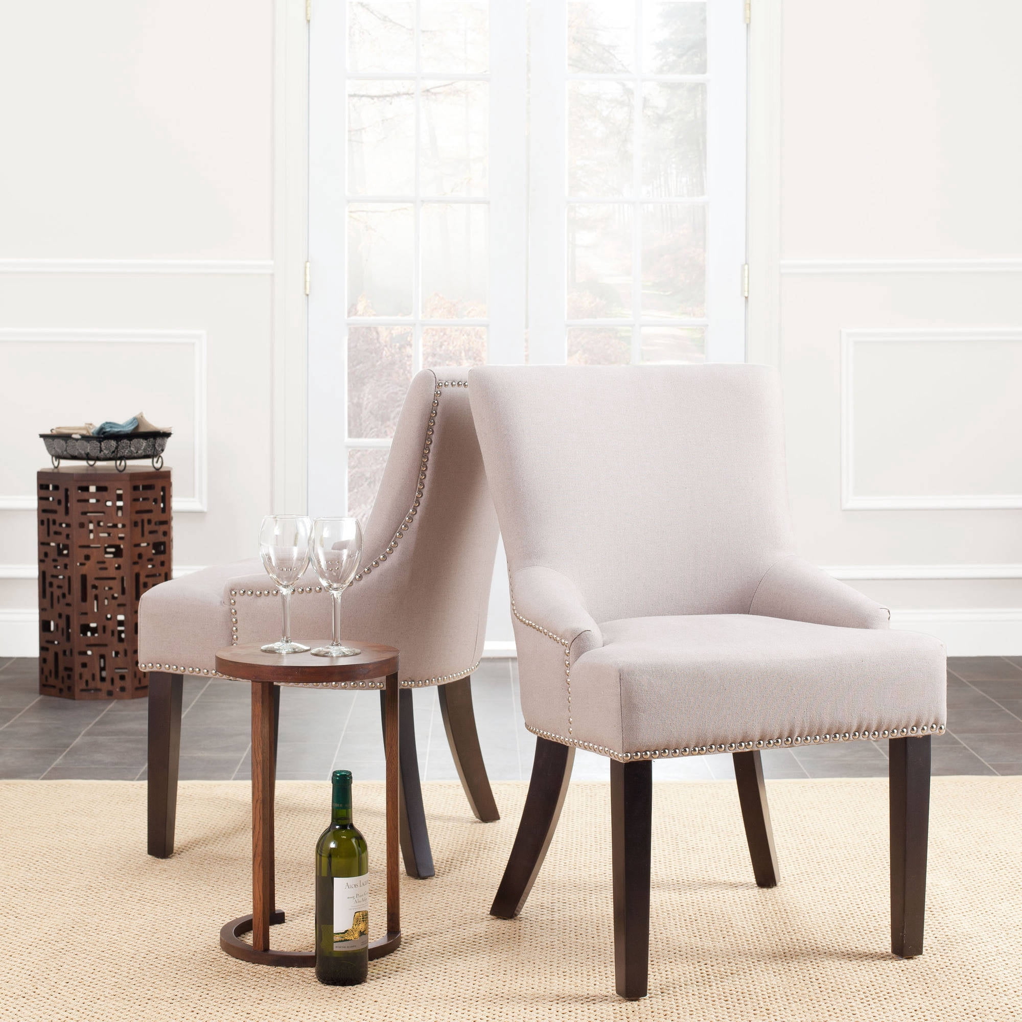 SAFAVIEH Lotus 19''H Side Chair, Taupe/Silver Nail Heads, Set of 2