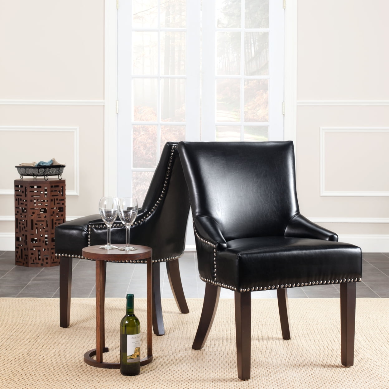 Transitional Black Leather Upholstered Parsons Side Chair