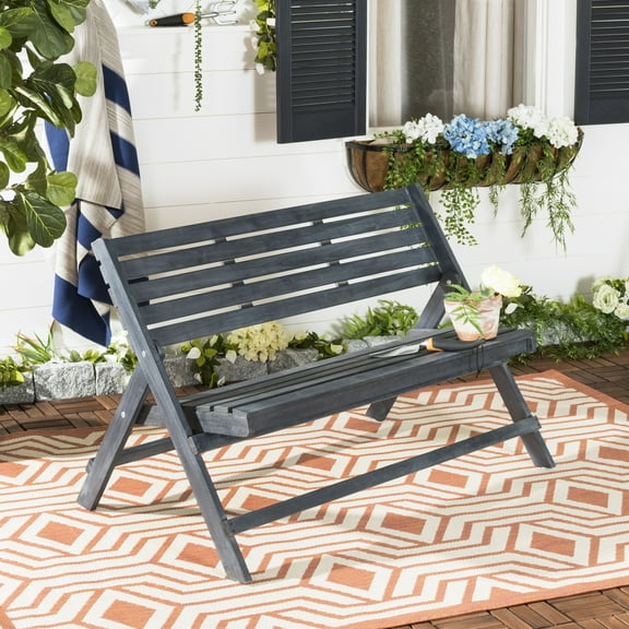 SAFAVIEH Luca Outdoor Patio Acacia Folding Bench, Dark Slate Grey
