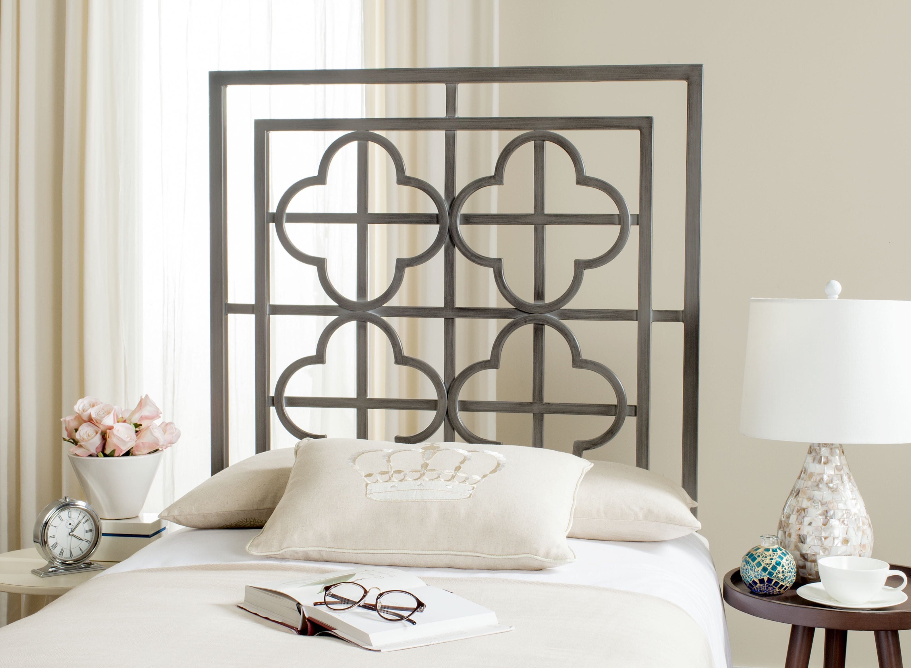 Antique Iron Twin Metal Headboard with Quatrefoil Lattice