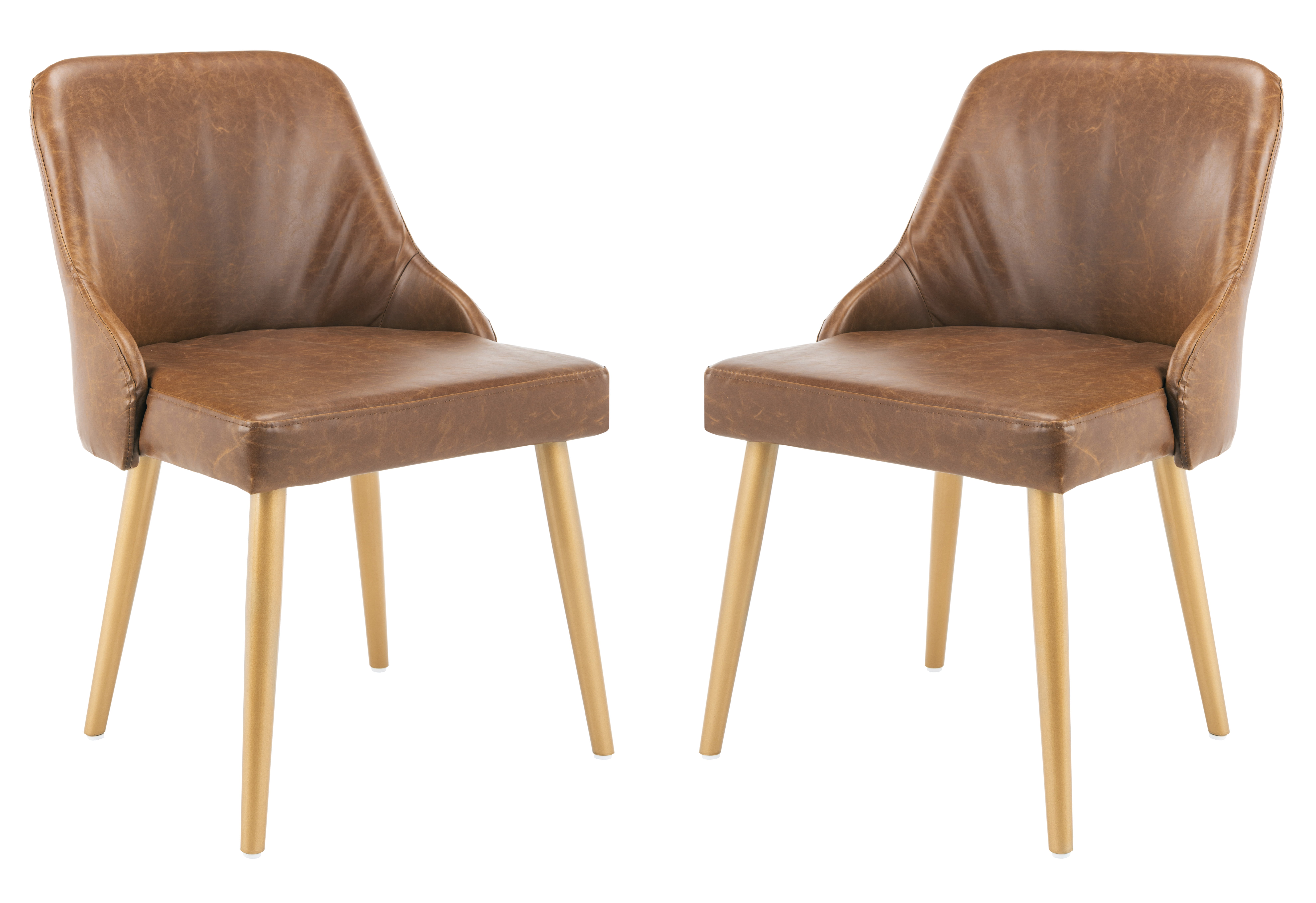 Lulu Transitional Parsons Side Chair in Brown Faux Leather with Gold Legs