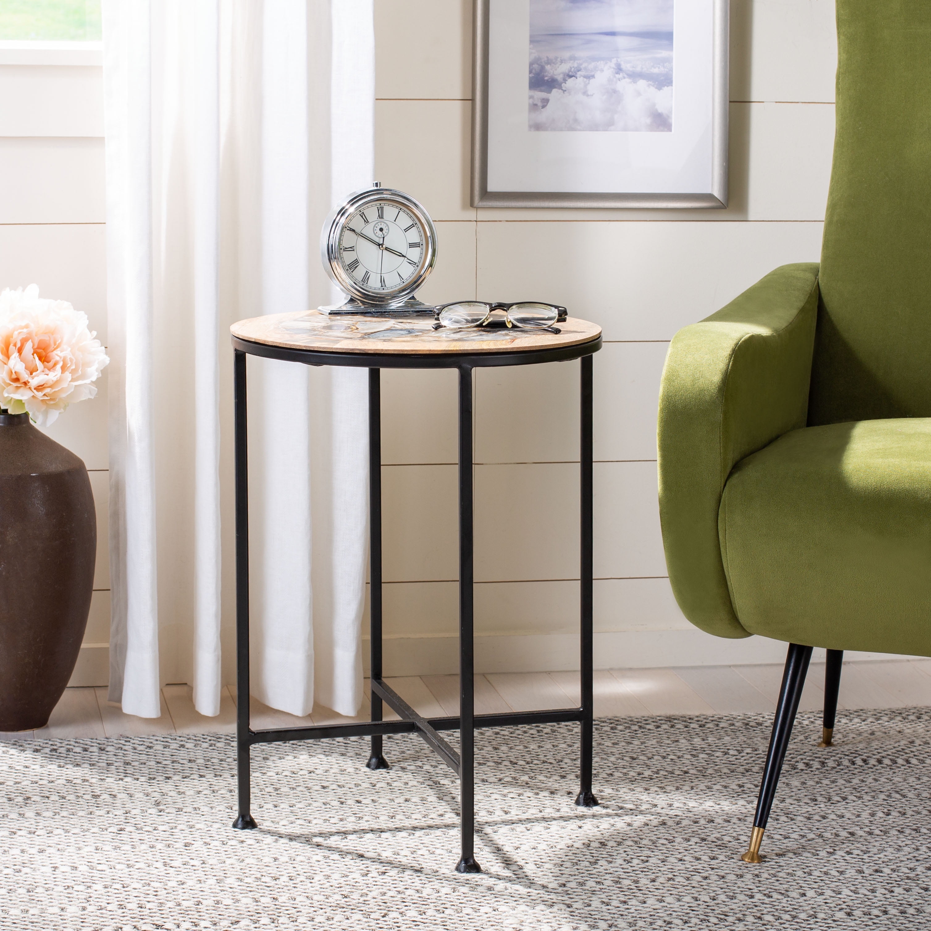 15'' Transitional Black Agate & Wood Round Side Table
