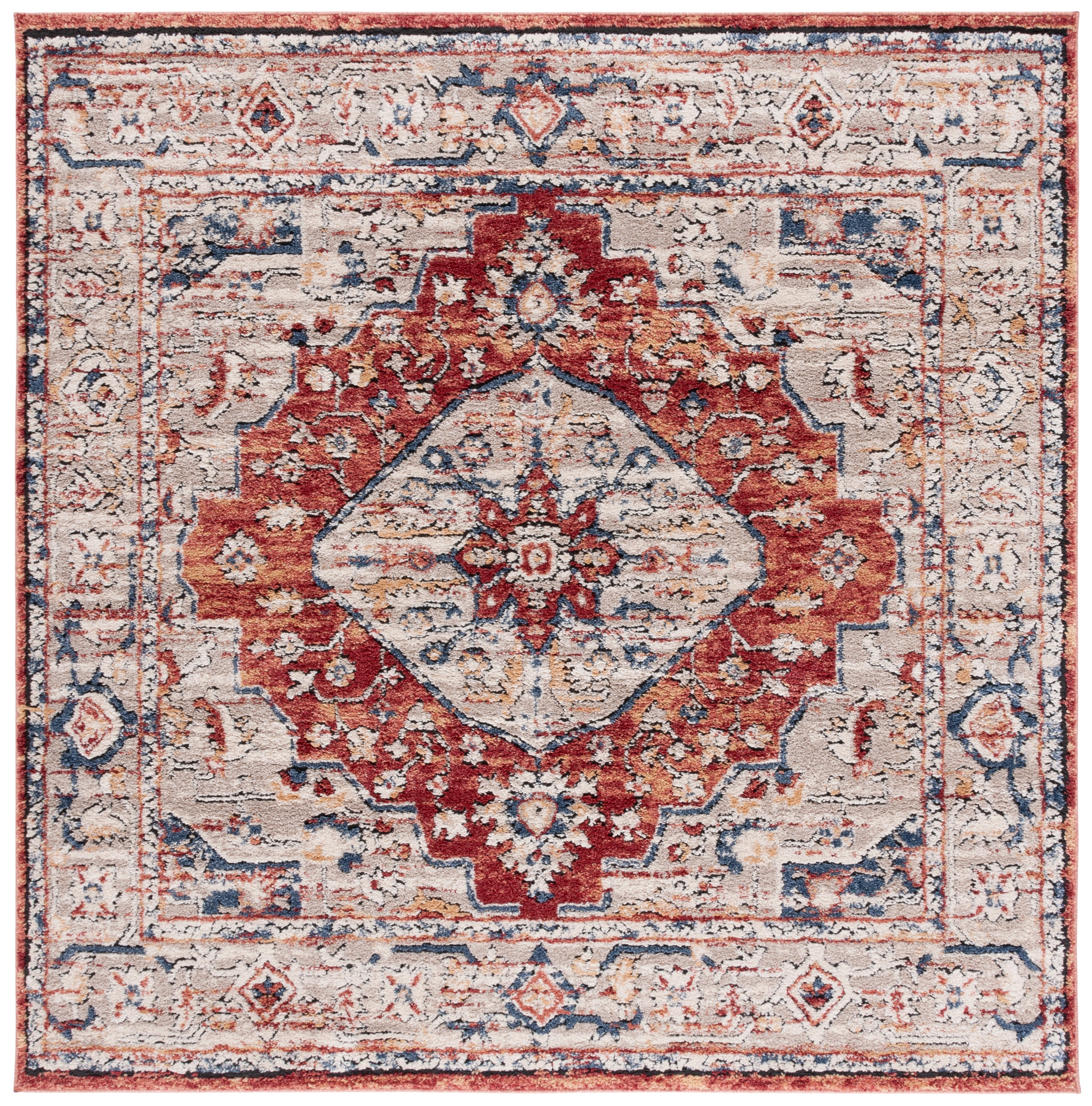 Beige and Rust Blue Square Synthetic Medallion Rug