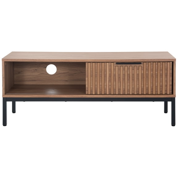 SAFAVIEH Lylia 1 Door Media Stand, Oak/Black Legs/Black Handle (46.9 in. W x 15.4 in. D x 18.7 in. H)