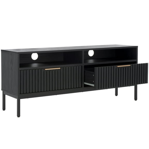 SAFAVIEH Lylia 2 Drawer 2 Shelf Media Stand, Black/Black Legs/Gold Handle (60.4 in. W x 15.6 in. D x 24.8 in. H)
