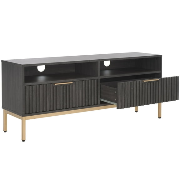 SAFAVIEH Lylia 2 Drawer 2 Shelf Media Stand, Distressed Black/Gold Legs/Gold Handle (60.4 in. W x 15.6 in. D x 24.8 in. H)