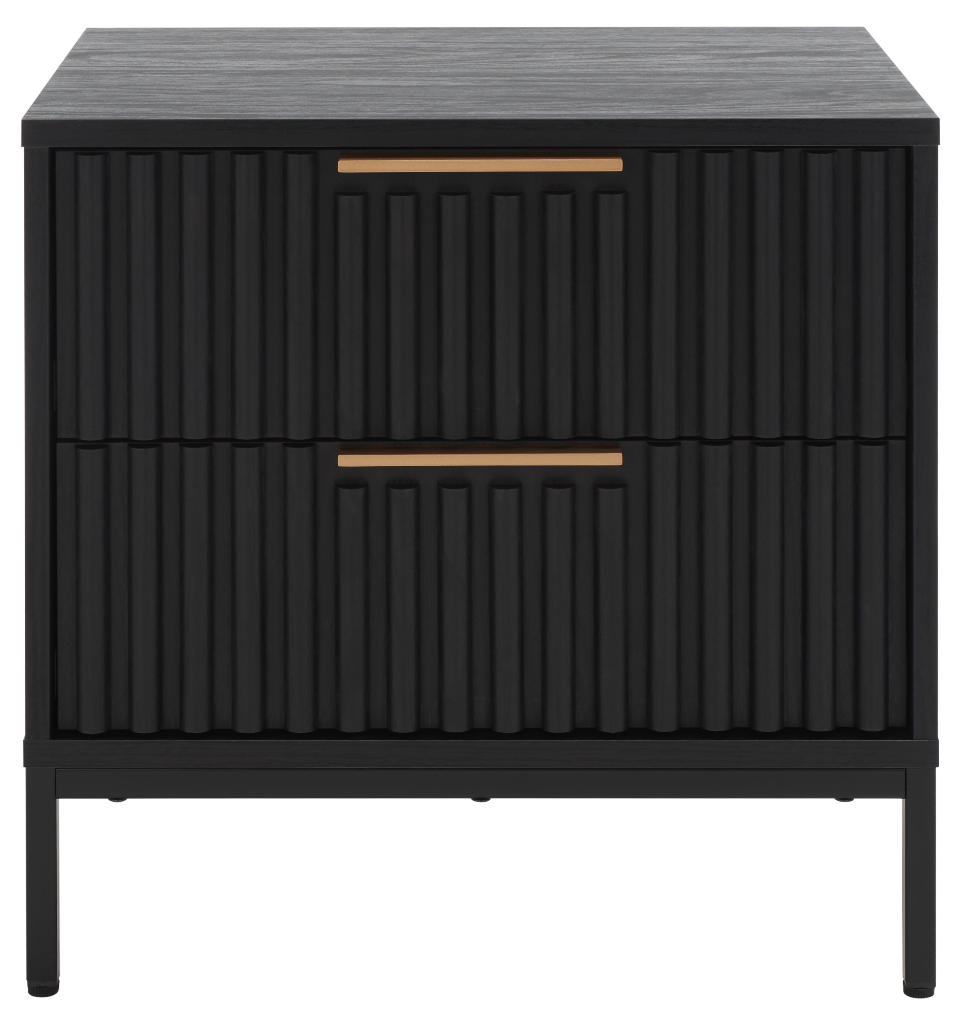 Black Veneer 2-Drawer Nightstand with Gold Handles