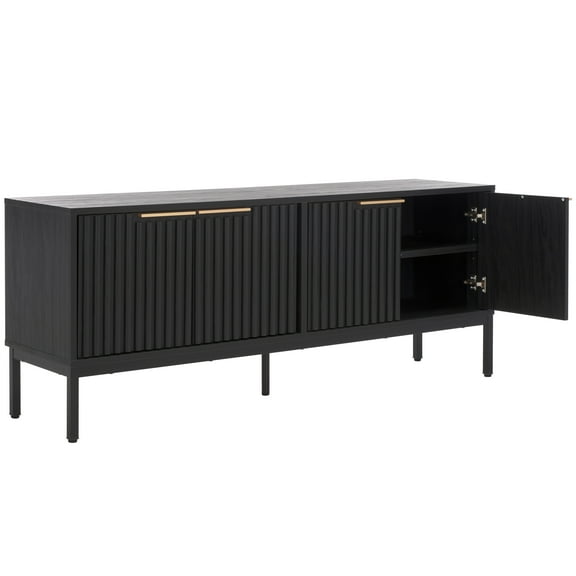 SAFAVIEH Lylia 4 Door Media Stand, Black/Black Legs/Gold Handle (60.8 in. W x 17.7 in. D x 24.6 in. H)