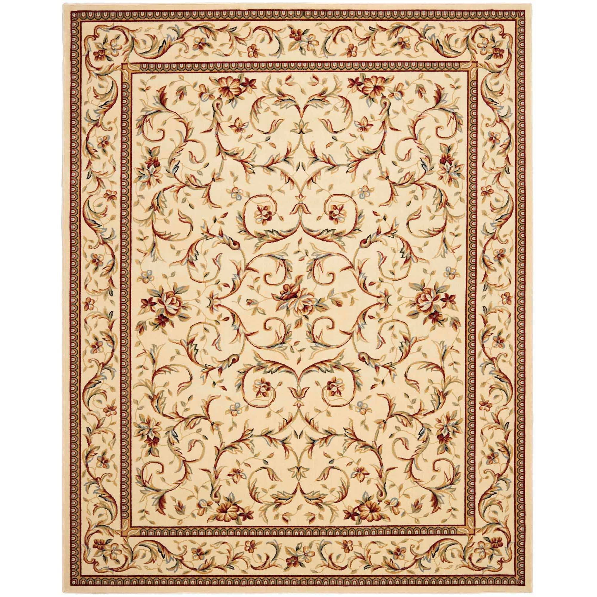 Ivory Floral Bordered Synthetic Area Rug 5'3" x 7'6"