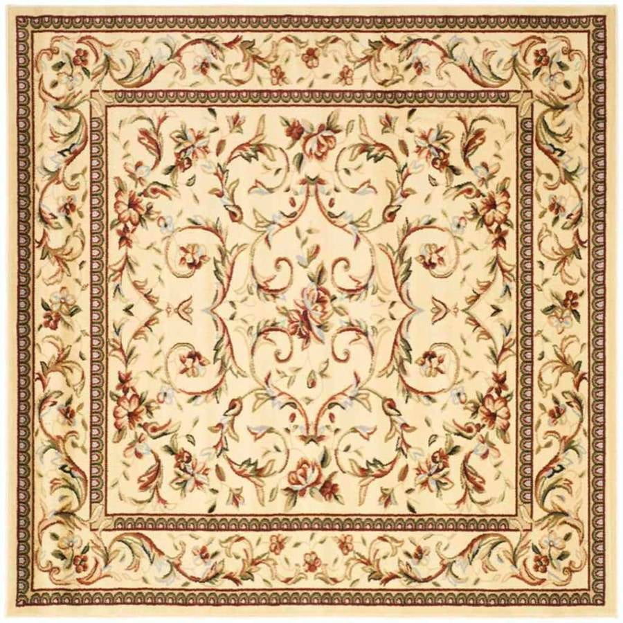 Ivory Floral Hand-Knotted Synthetic Square Rug, 8' x 8'