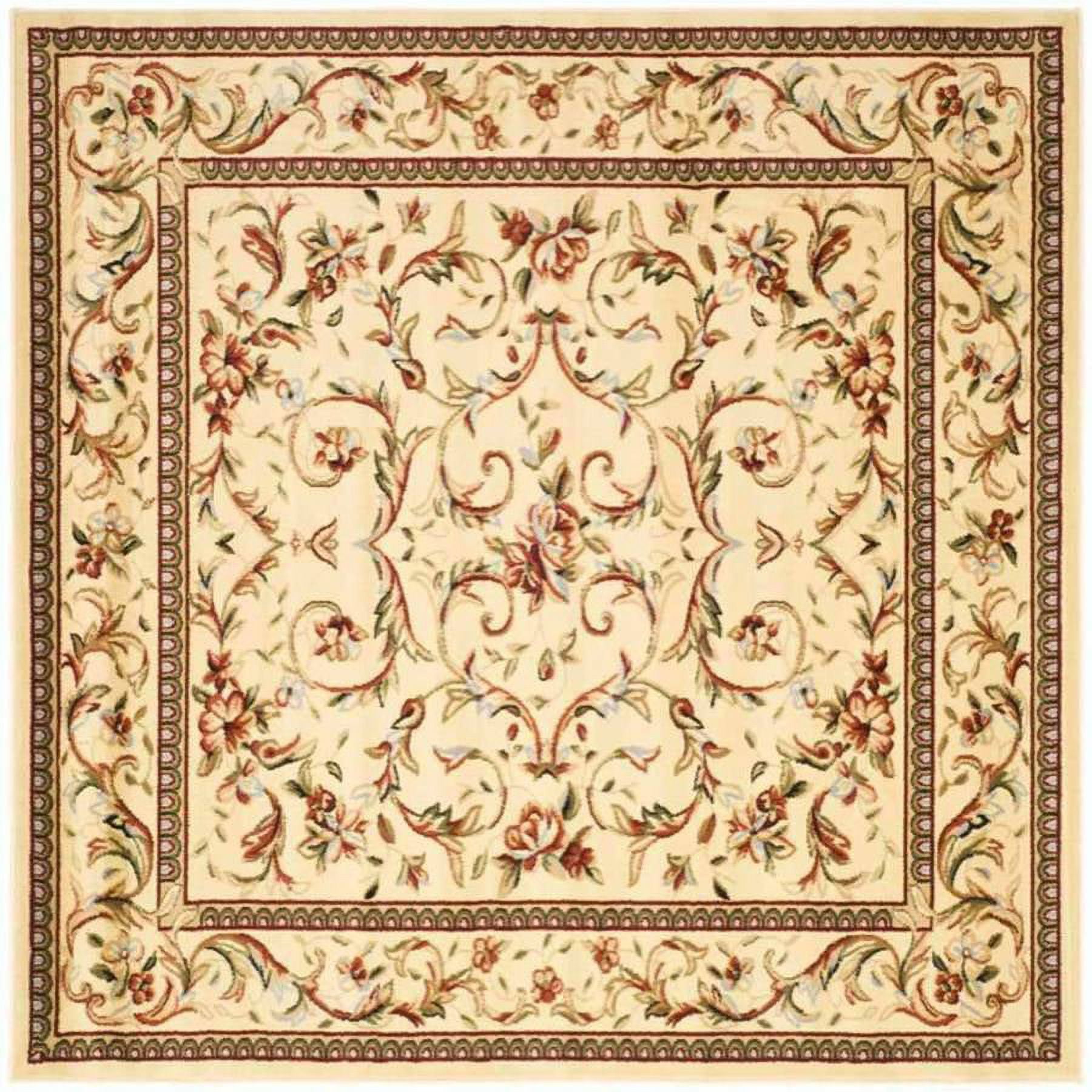 Ivory Floral Hand-Knotted Synthetic Square Rug, 8' x 8'