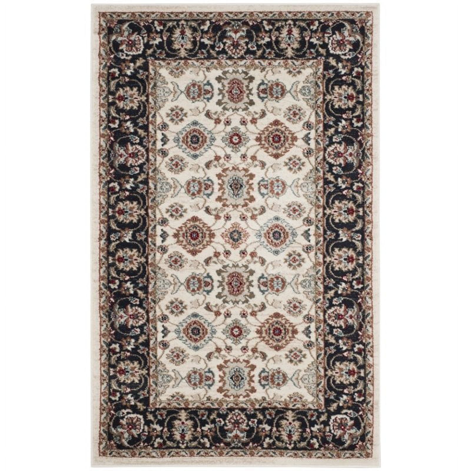 Cream and Navy Rectangular Hand-Knotted Synthetic Area Rug