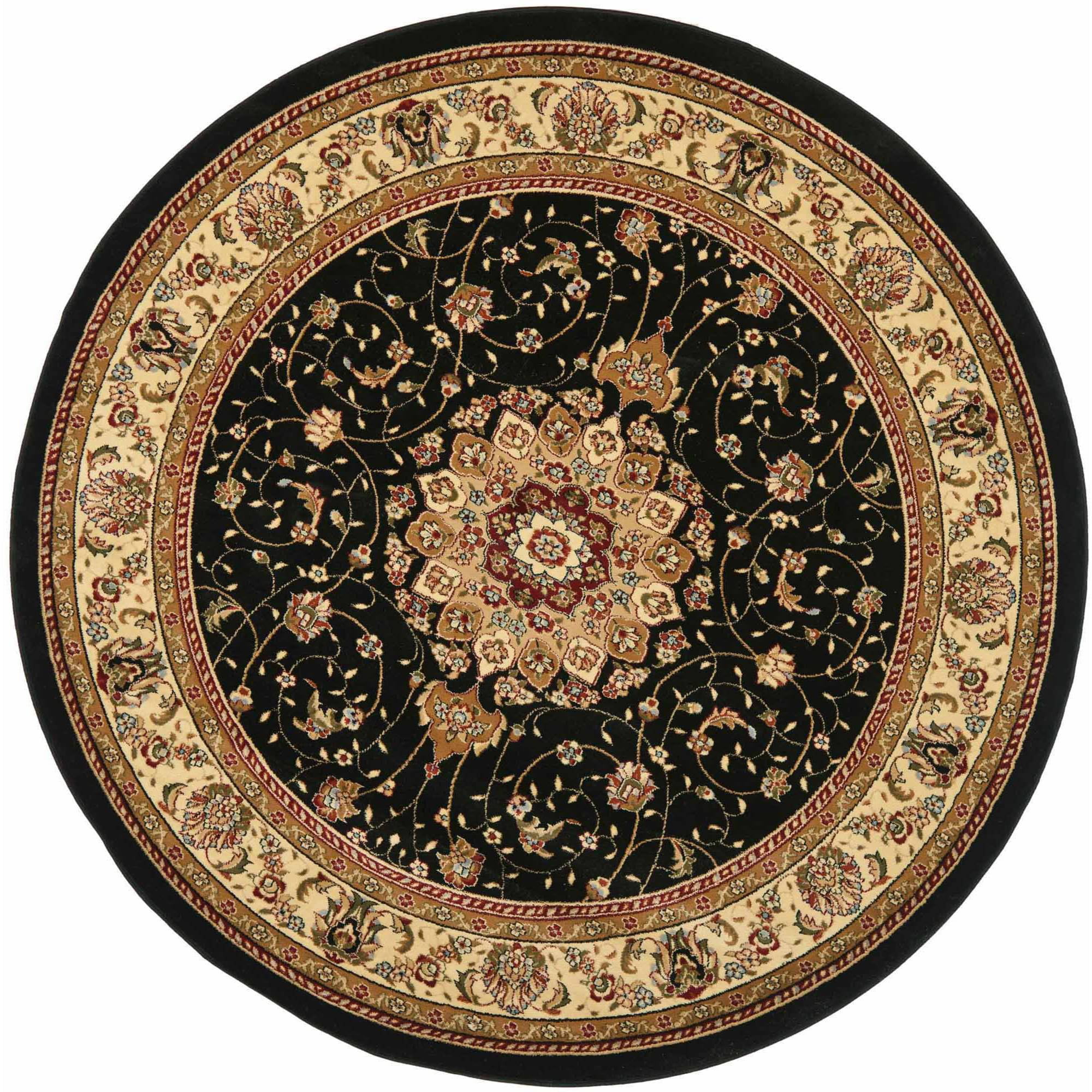 Elegant Floral Symphony Black/Ivory Synthetic Round Rug, 4' Diameter