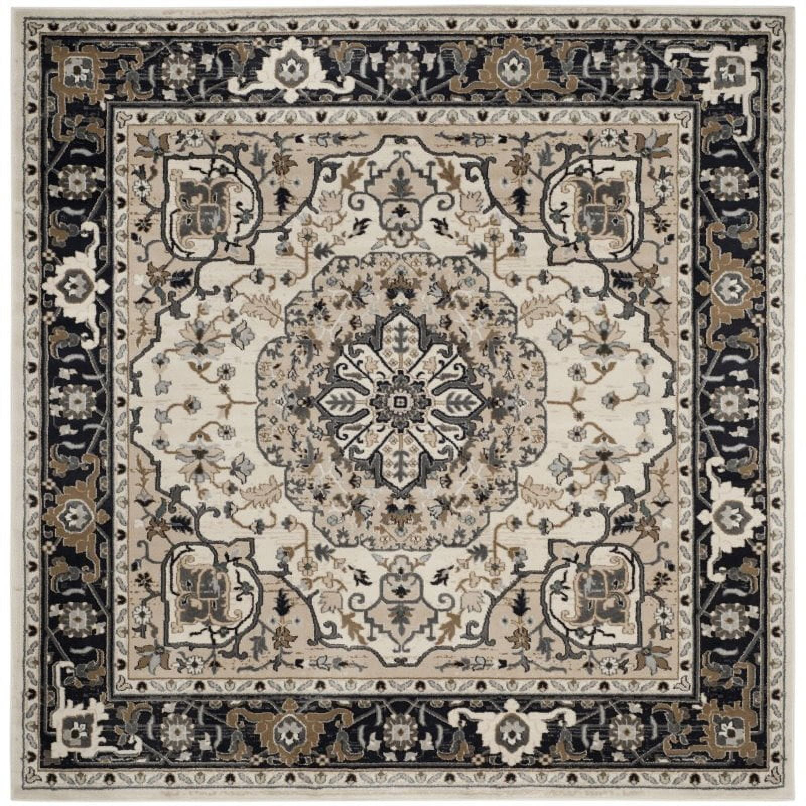 Safavid Style Cream and Navy Synthetic Square Area Rug