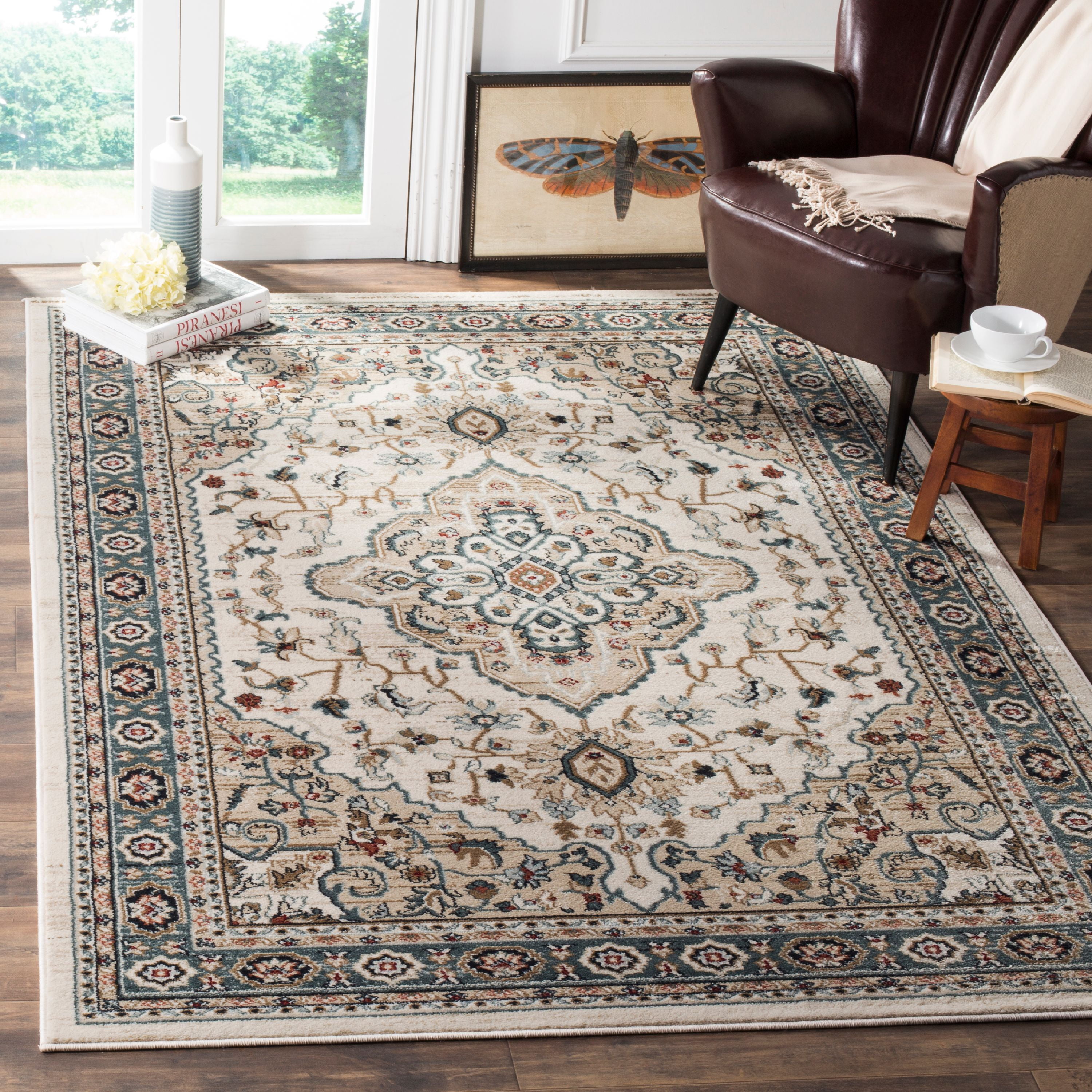 Cream and Beige 7' Square Traditional Floral Area Rug