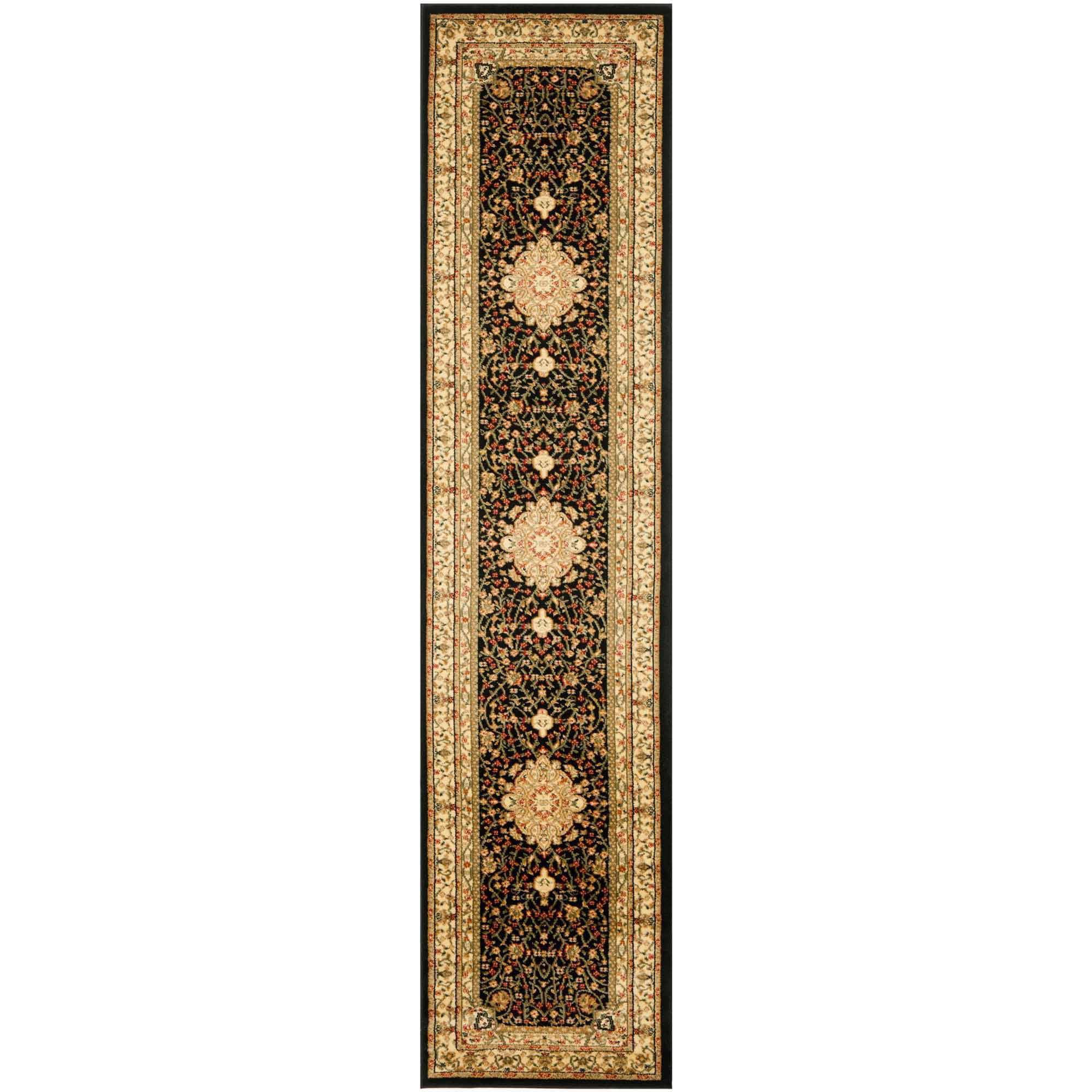 Black and Ivory Floral Synthetic Safavid Style Runner Rug