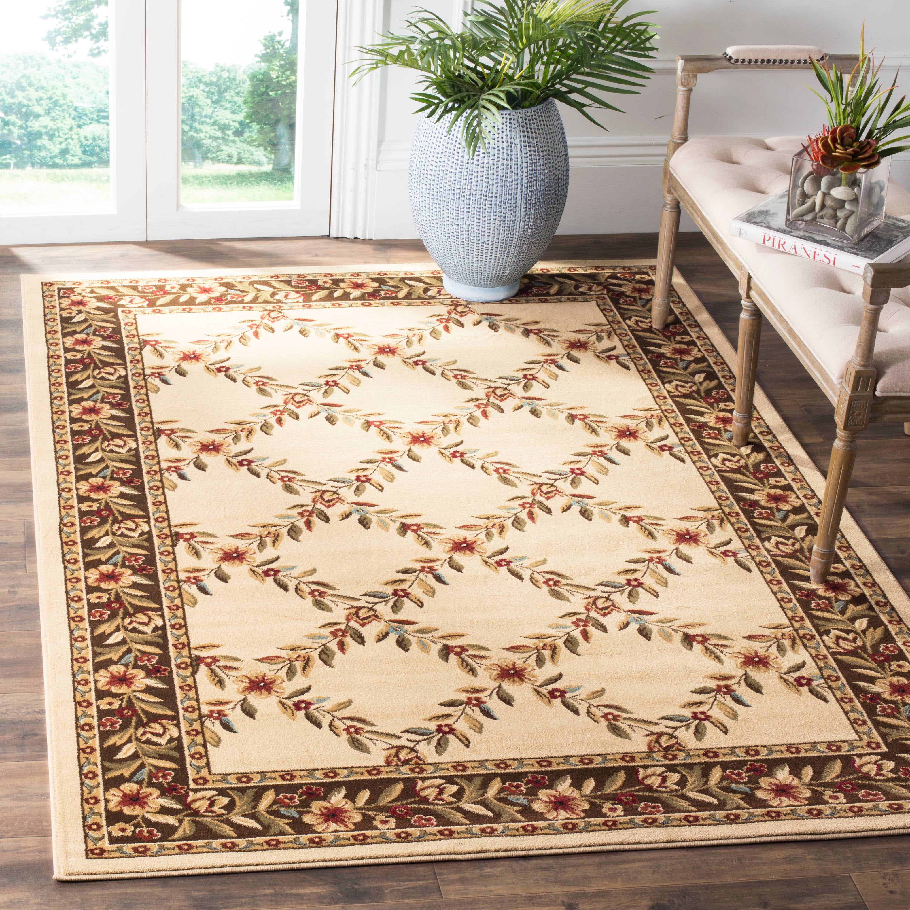 Ivory and Brown Floral Border Medium Pile Area Rug