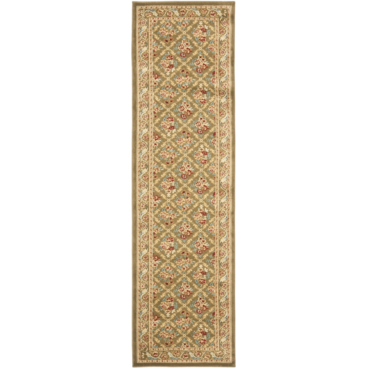 Green Floral Border Hand-Knotted Synthetic Area Rug