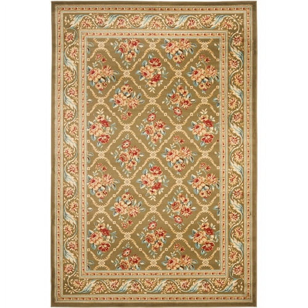 Green Floral Border Hand-Knotted Synthetic Area Rug