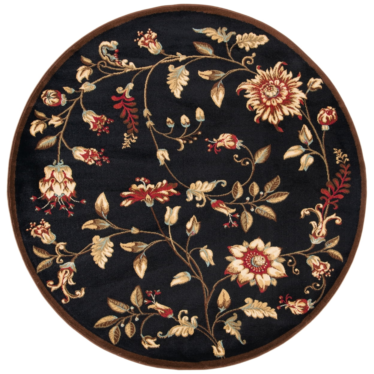 Round Black Floral Synthetic Easy Care Area Rug