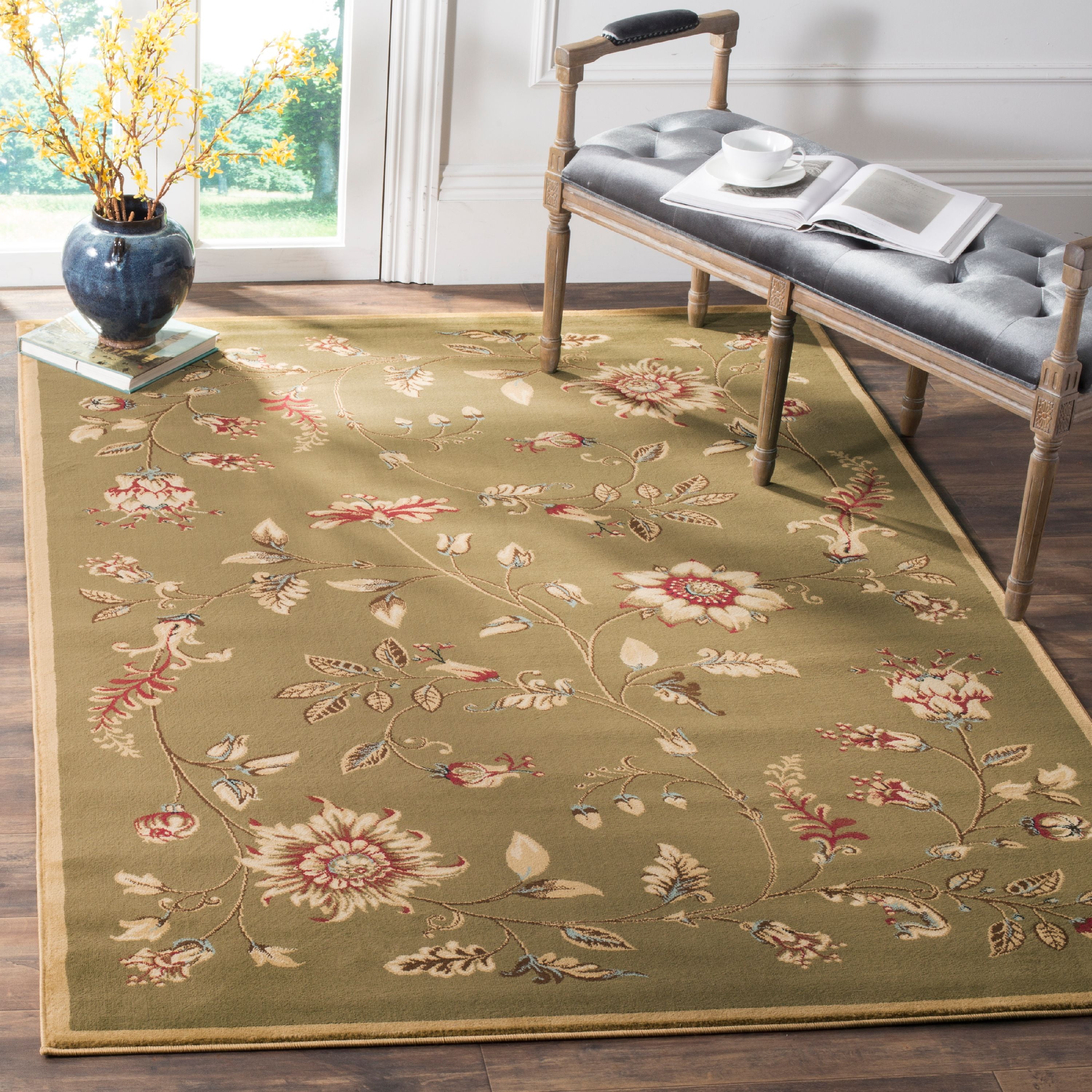 Green and Multi Floral Synthetic Round Area Rug