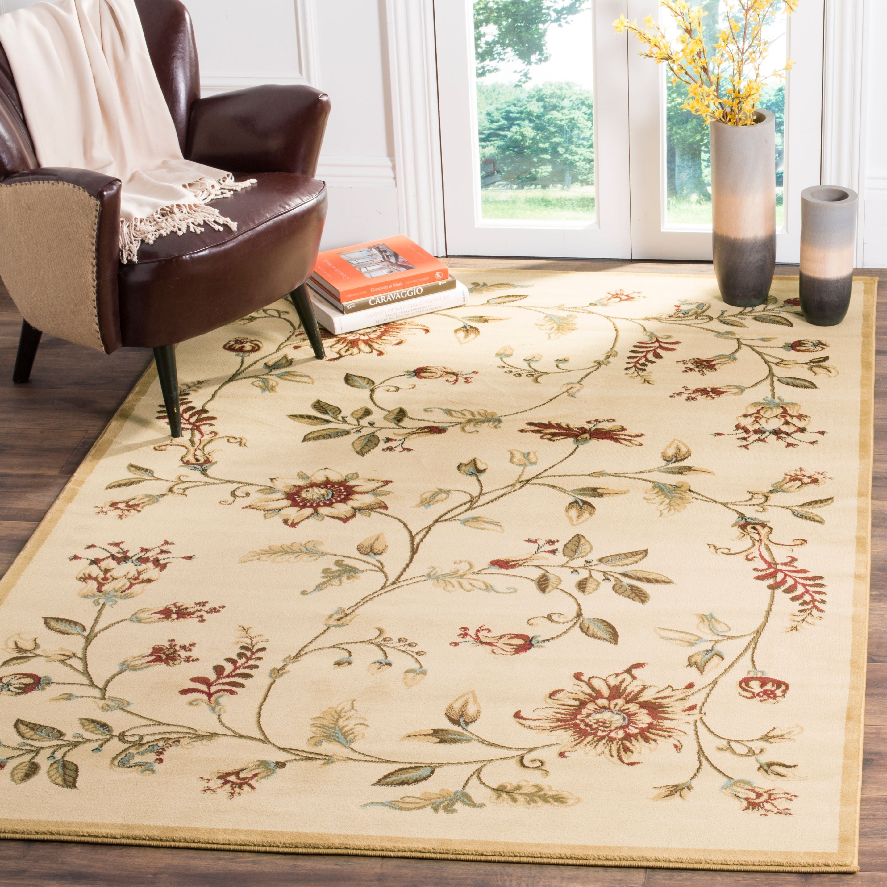 Ivory Multi Floral Synthetic Medium Pile Area Rug