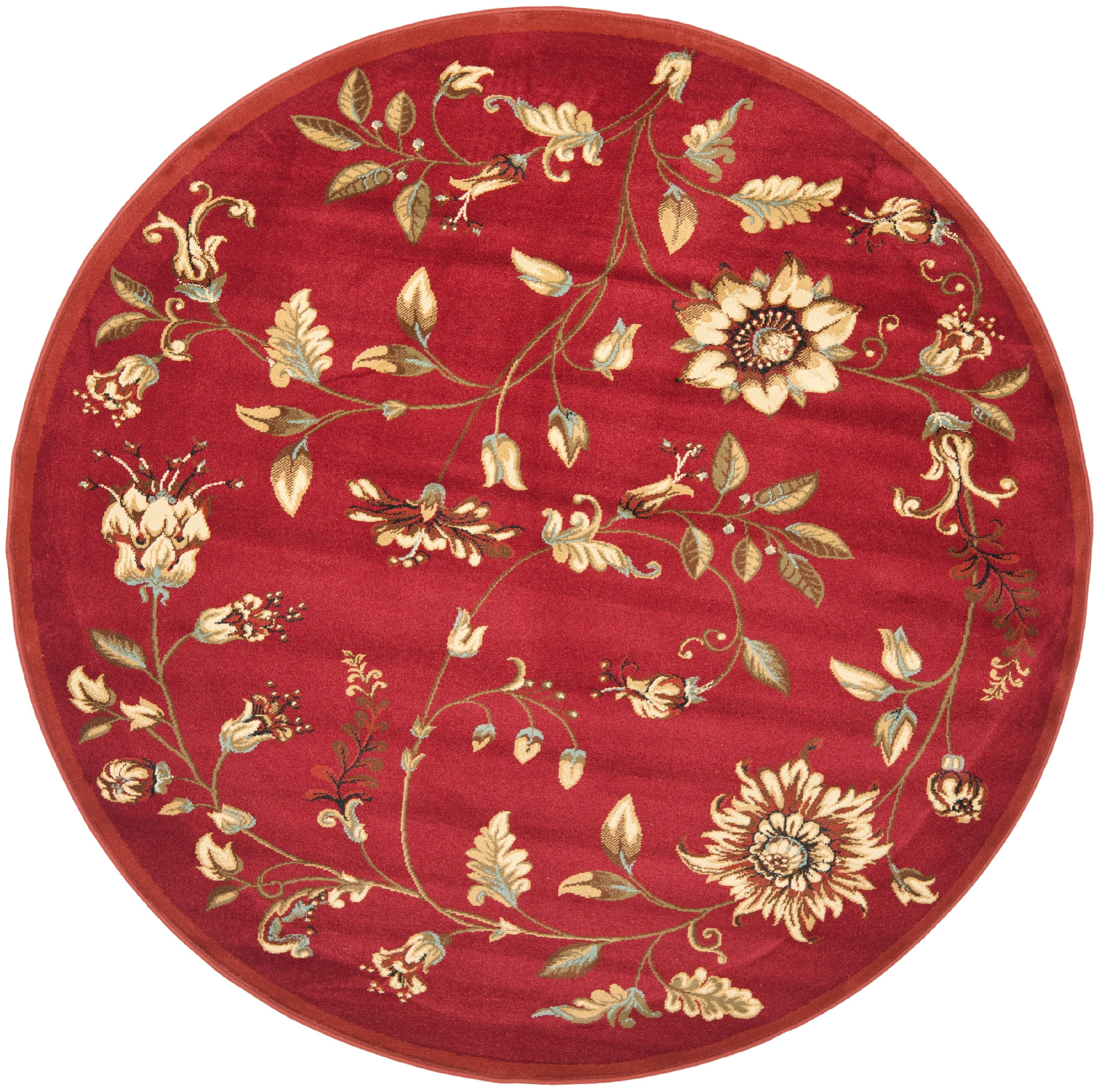 Elegant Red and Multi Floral Round Synthetic Area Rug