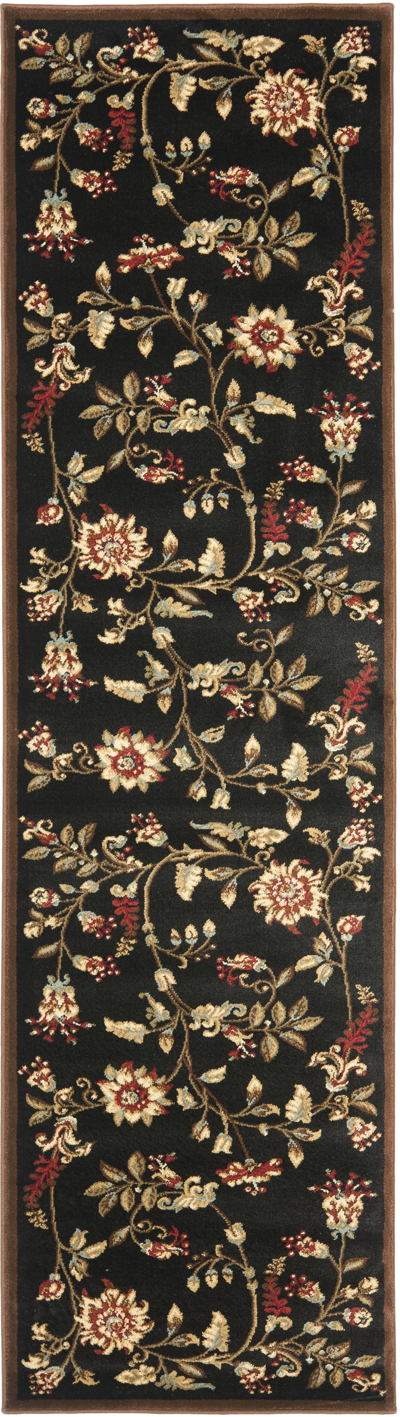 Black Floral Reversible Synthetic Runner Rug, 2'3" x 12'