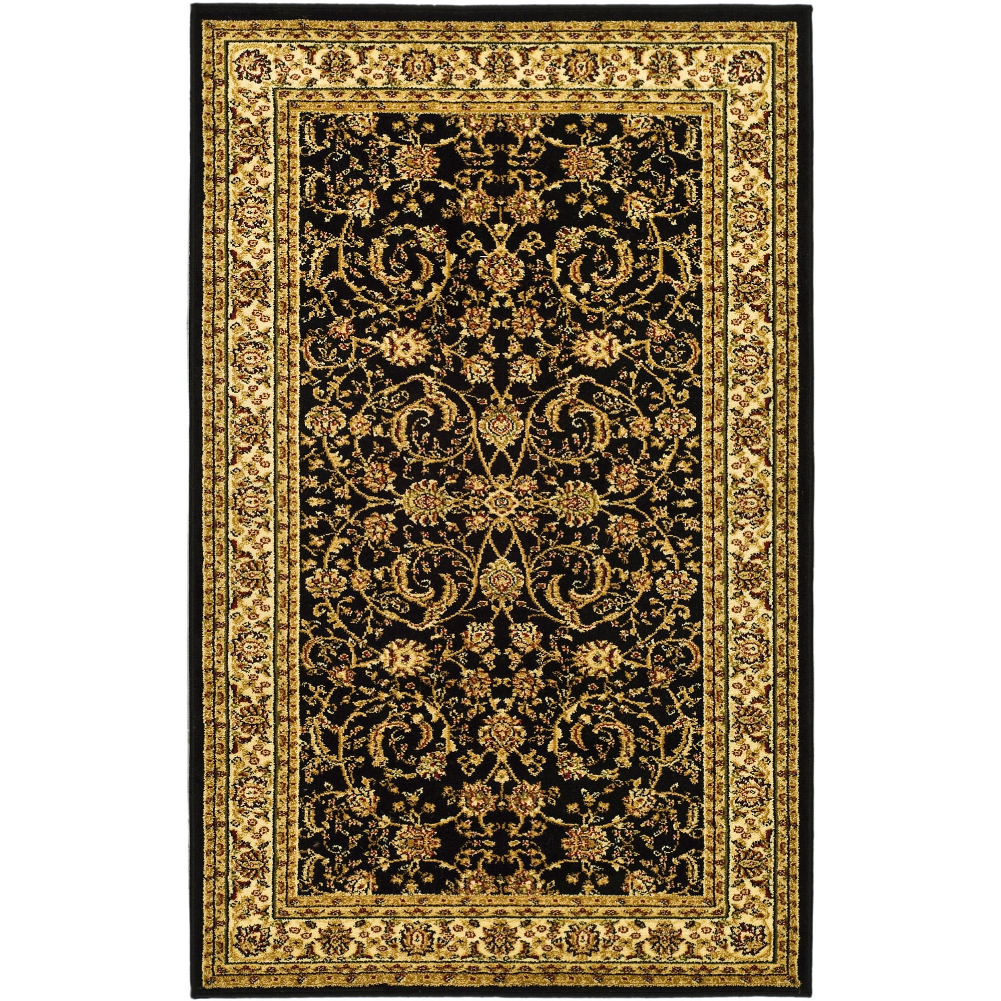 Black and Ivory Floral Rectangular Synthetic Area Rug