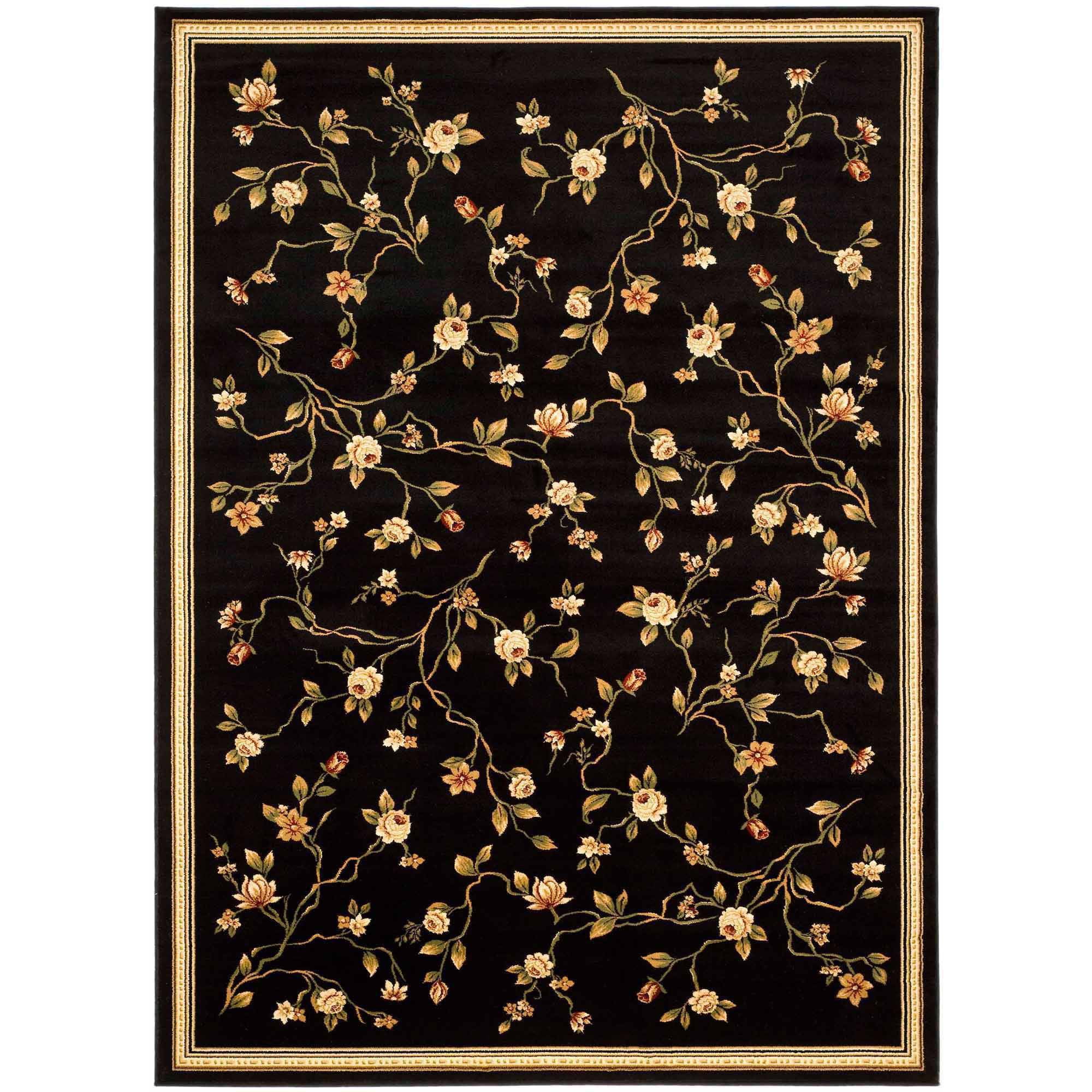 Black Floral Hand-Knotted Synthetic Area Rug
