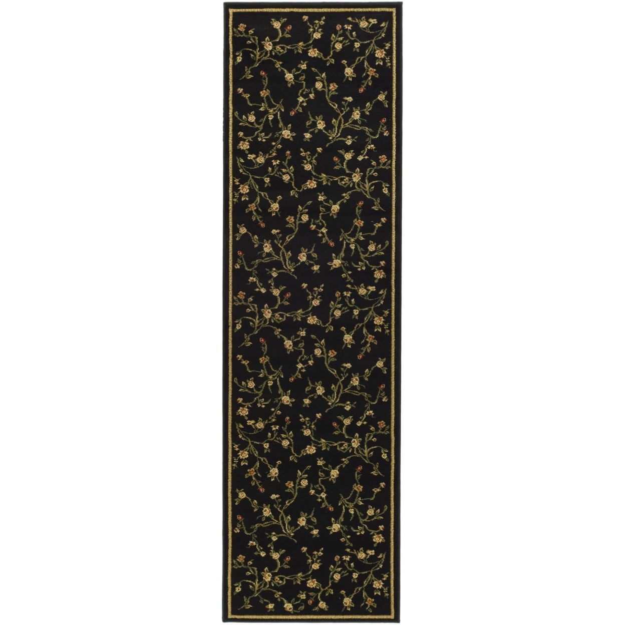 Black Floral Synthetic Low Pile Runner Rug