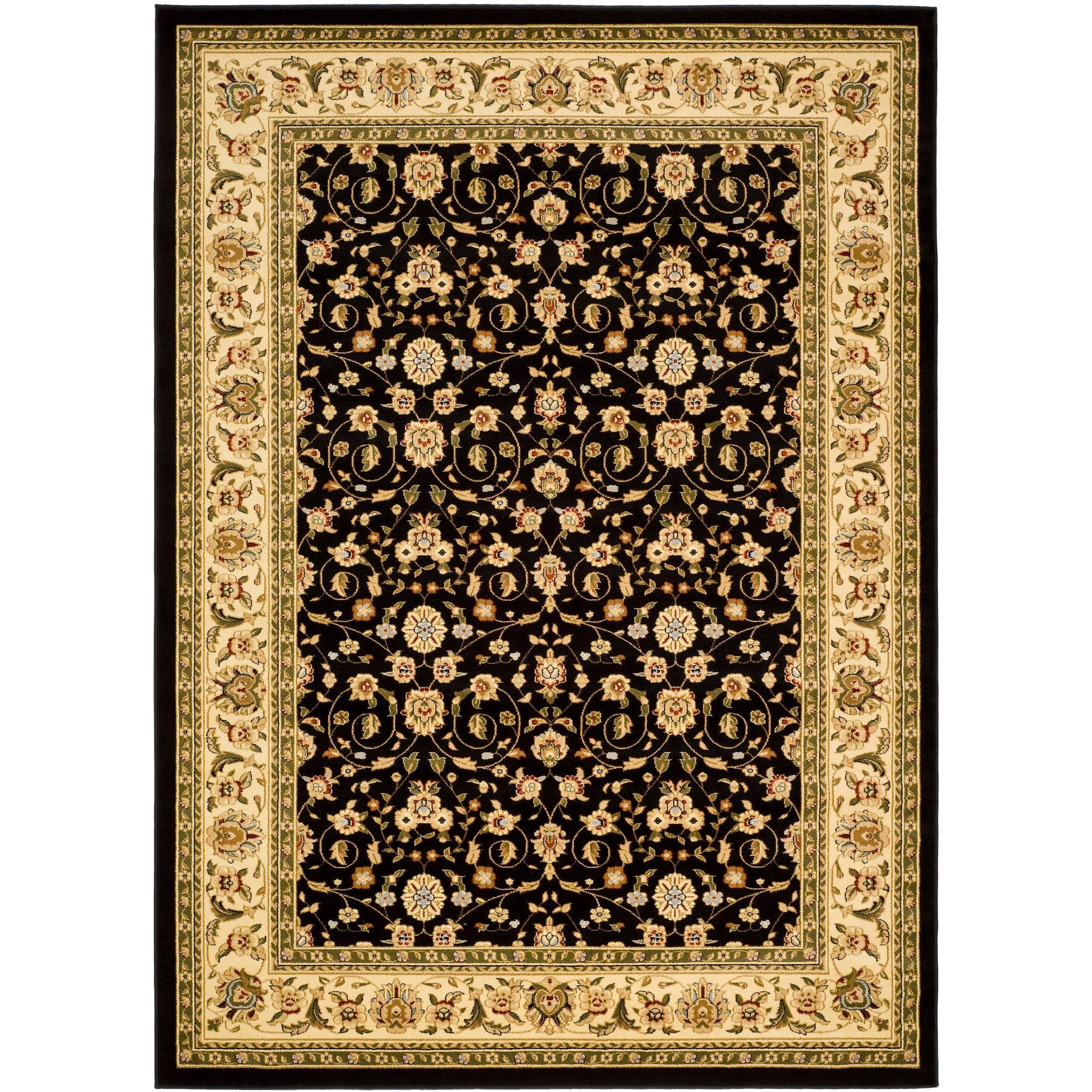 Black and Ivory Hand-Knotted Synthetic Floral Area Rug