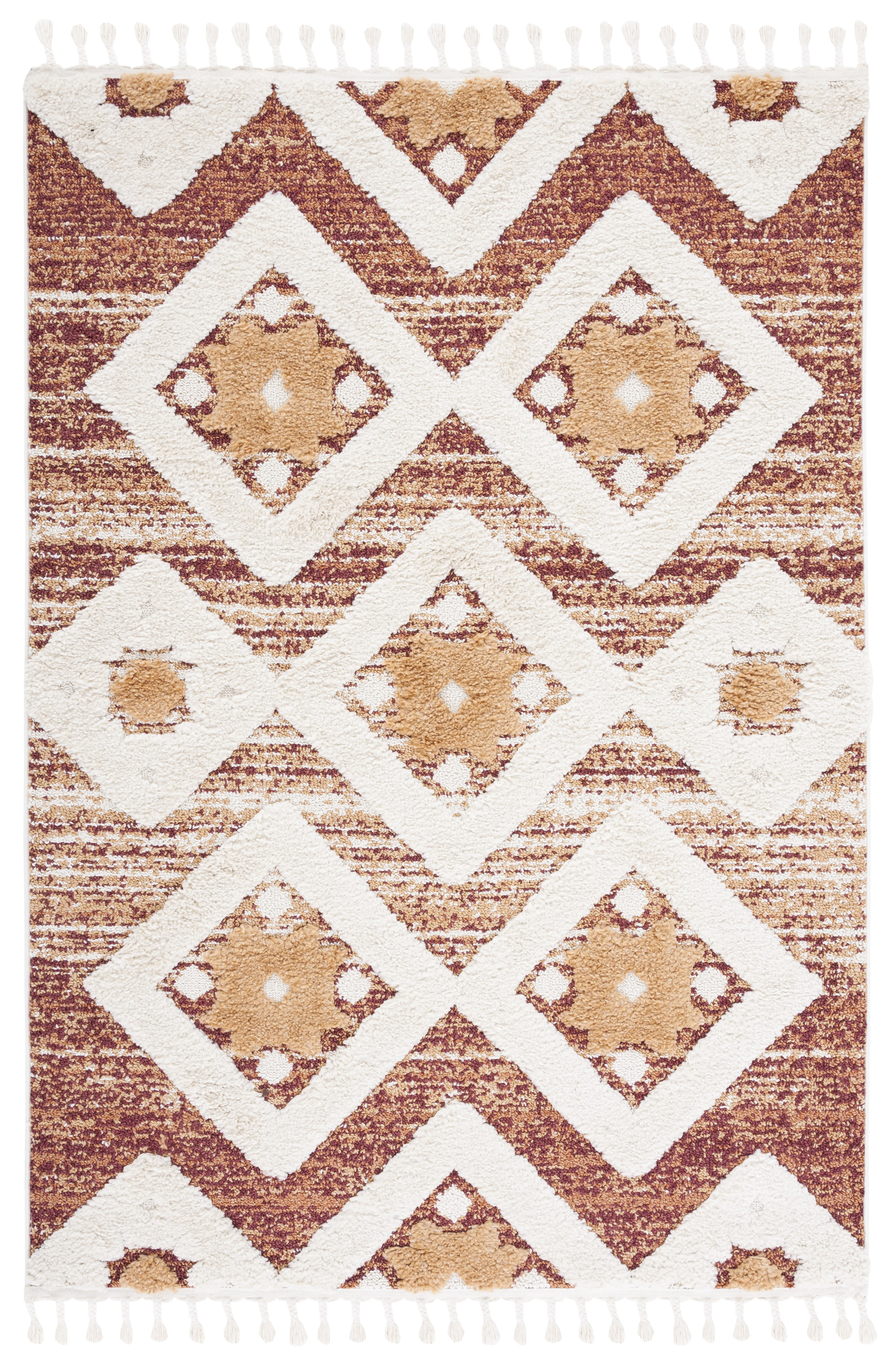 Ivory and Rust Diamond Braided Shag Area Rug