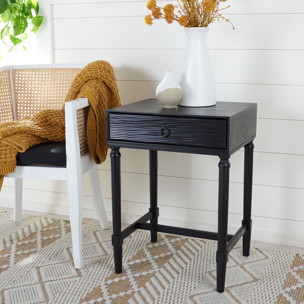 Noir Carved Wood Accent Table with Storage Drawer
