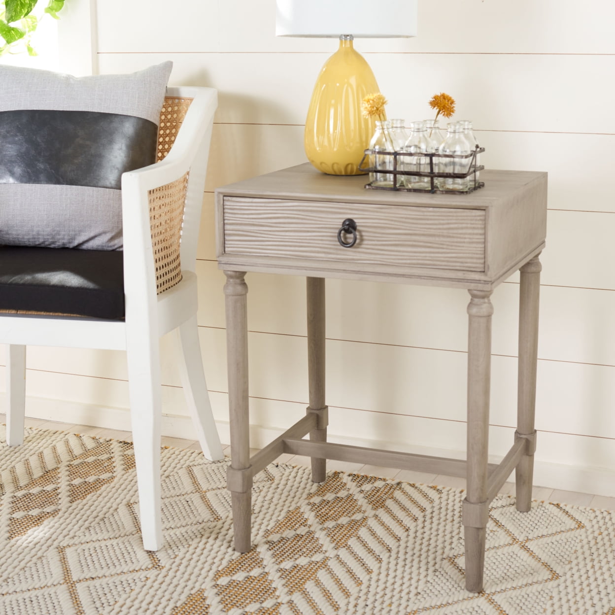 Greige Wood Accent Table with Storage Drawer
