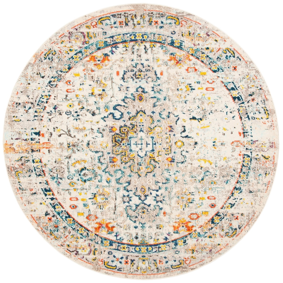 Madison Cream and Blue Round Synthetic Area Rug