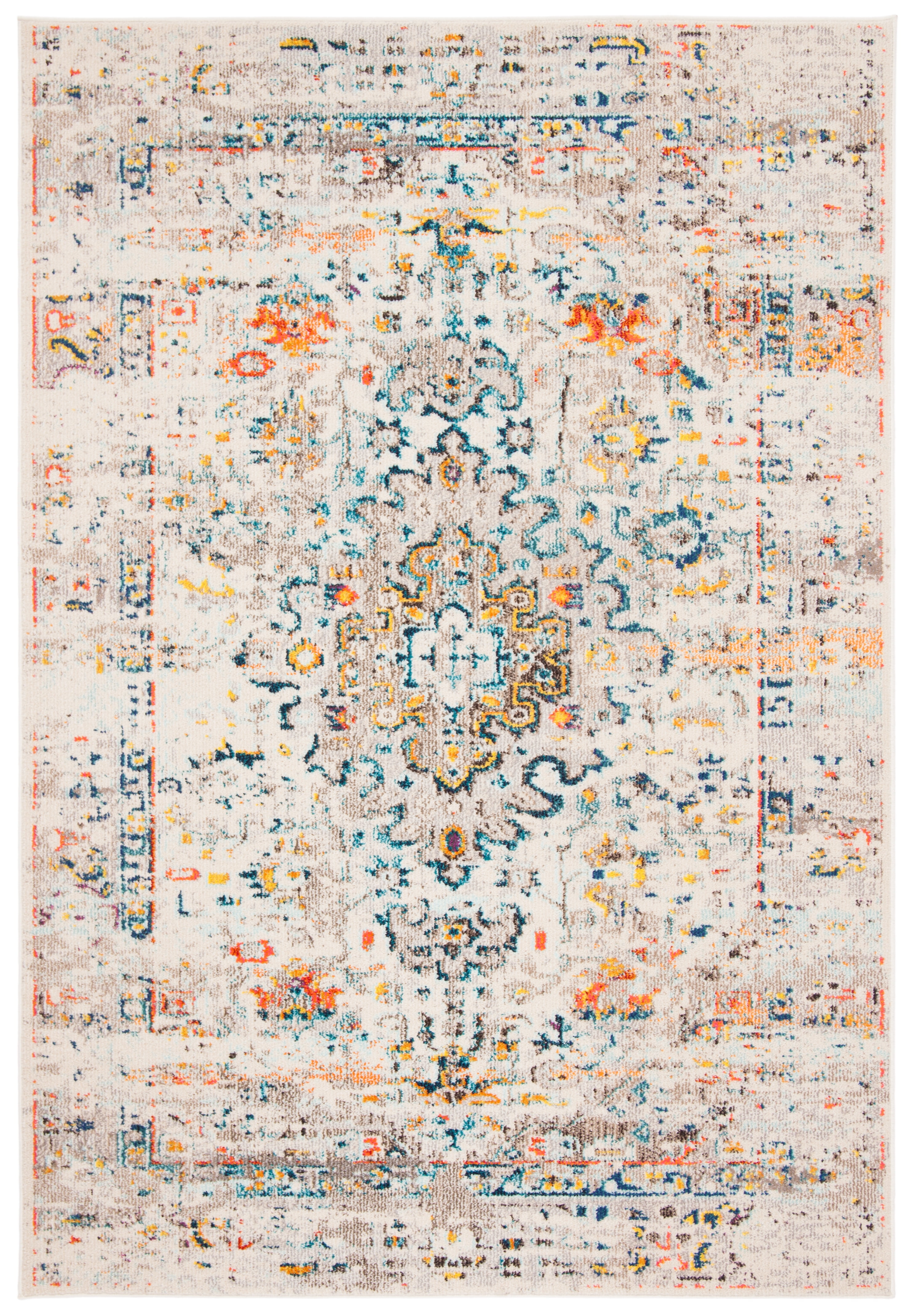 Cream and Blue Vintage Distressed Synthetic Area Rug