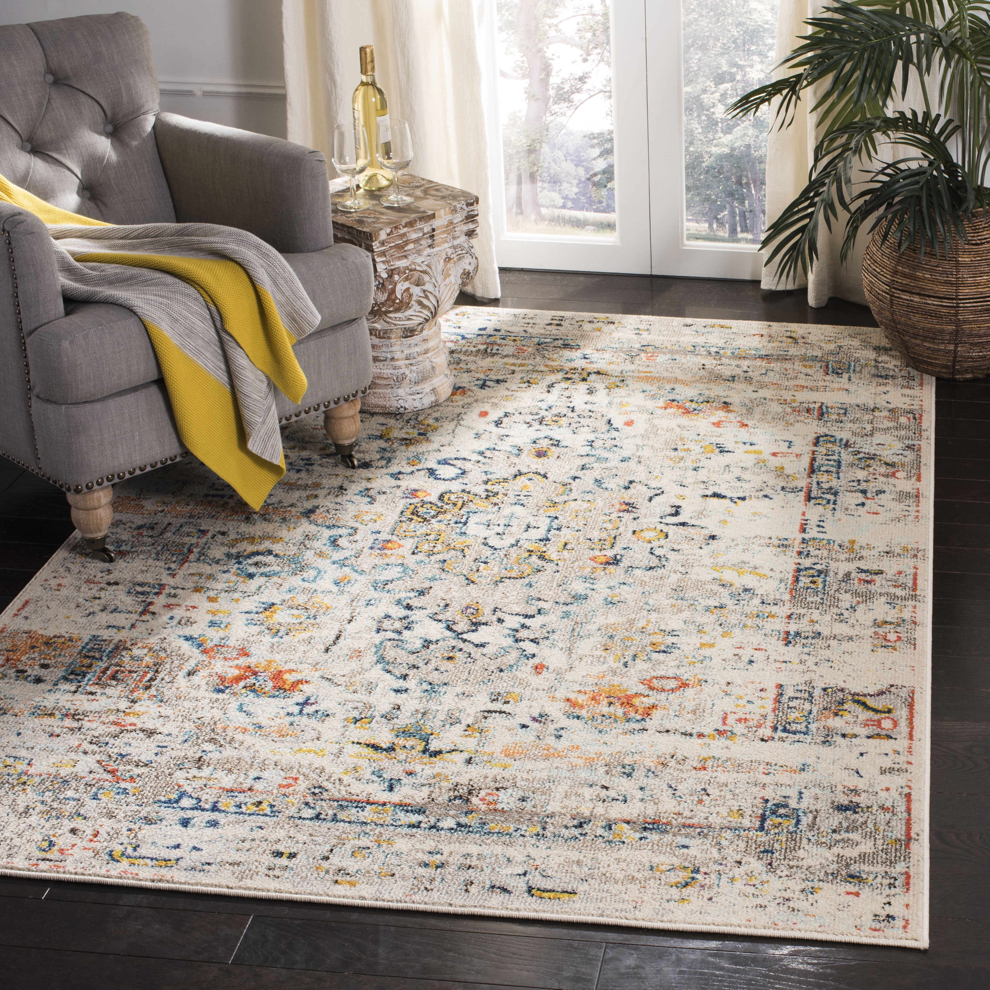 Cream and Blue Vintage Distressed Synthetic Area Rug