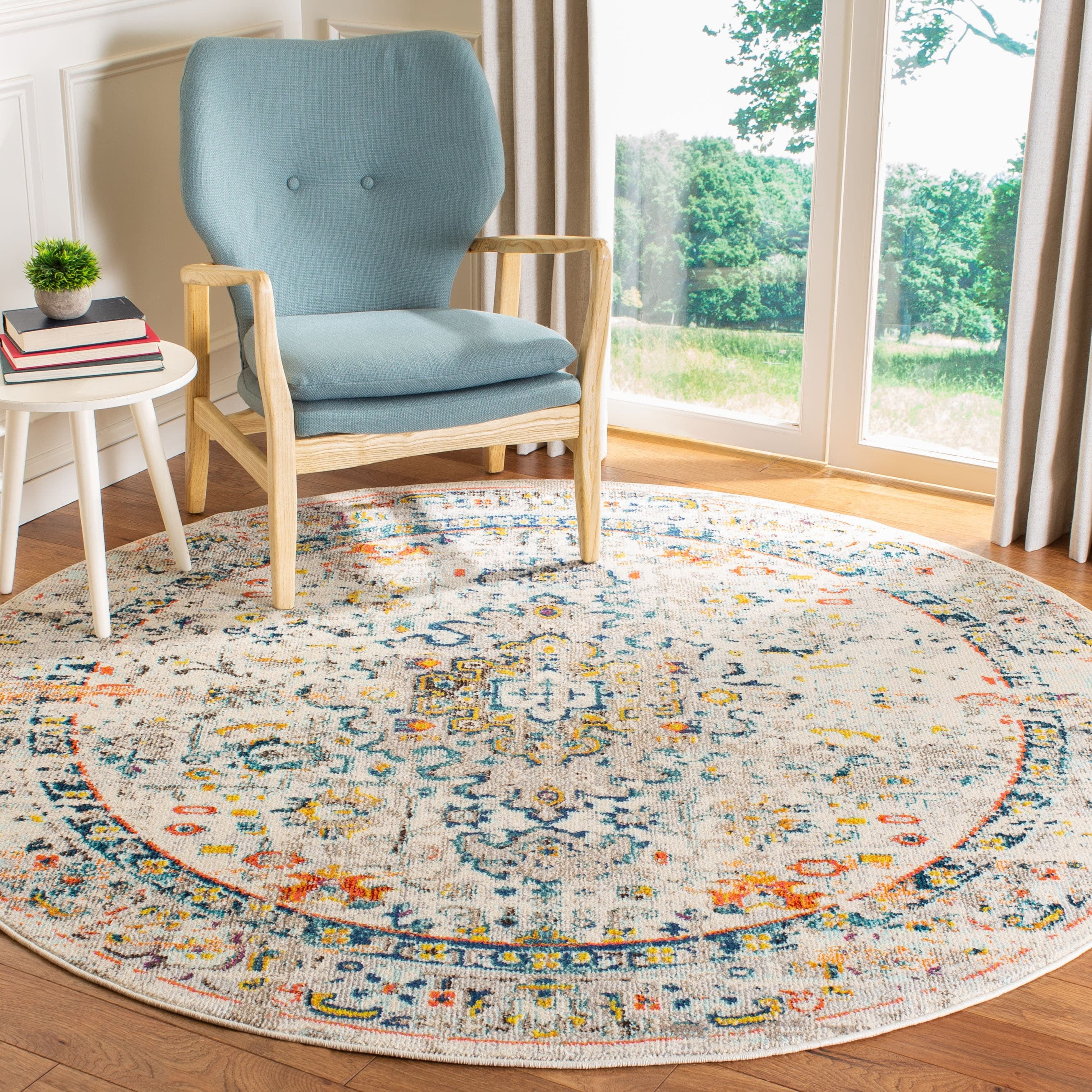 Elysian Bliss Cream/Blue 9' Round Synthetic Area Rug