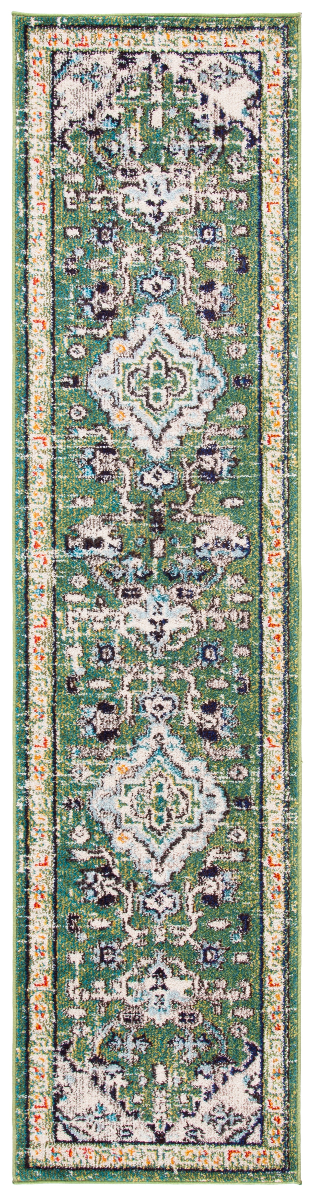 Green and Turquoise Hand-Knotted Synthetic Runner Rug