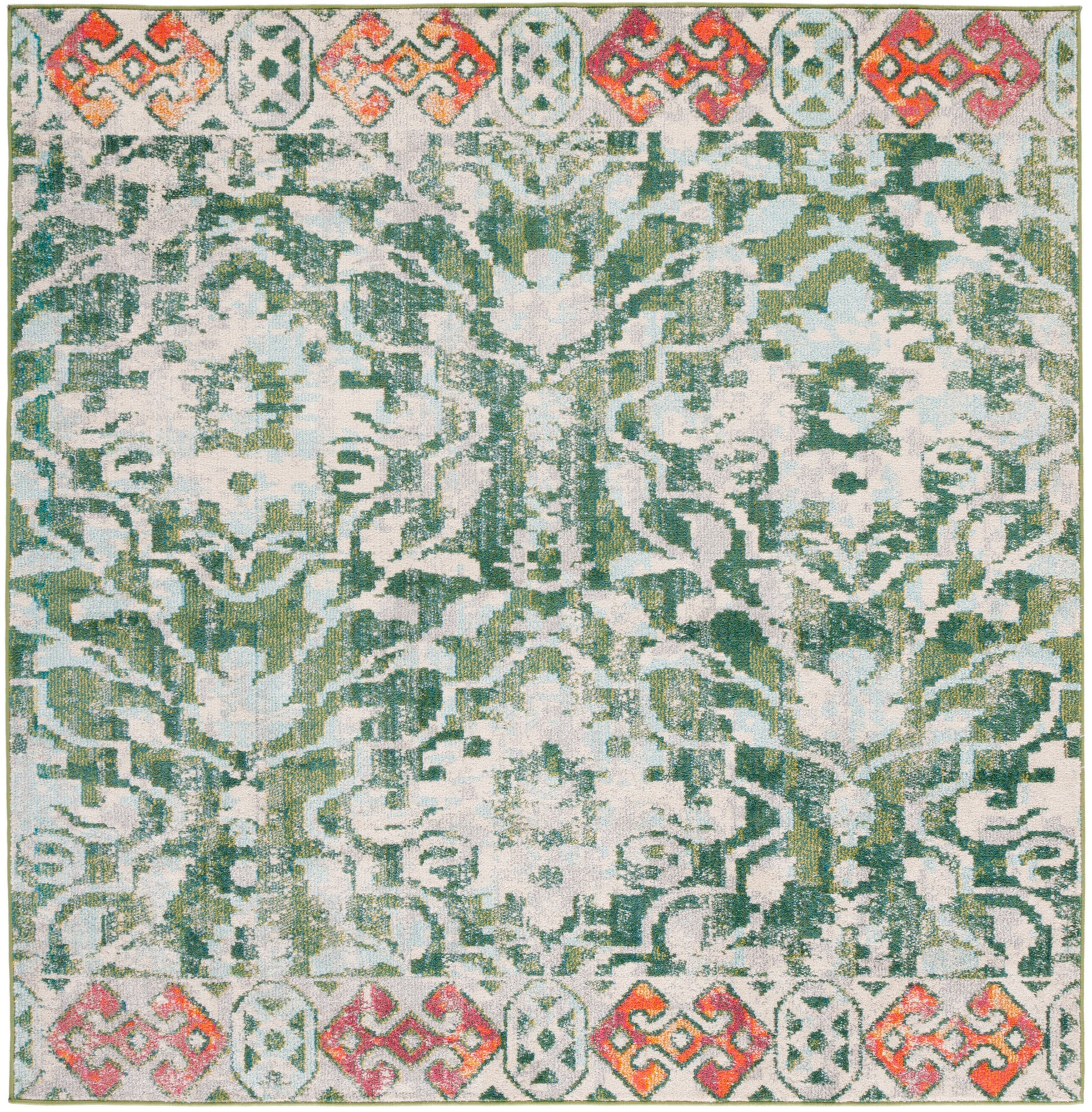 Green and Ivory Square Hand-knotted Synthetic Area Rug