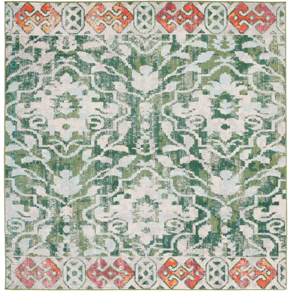SAFAVIEH Madison Bayon Geometric Distressed Area Rug, Green/Ivory, 6'7" x 6'7" Square