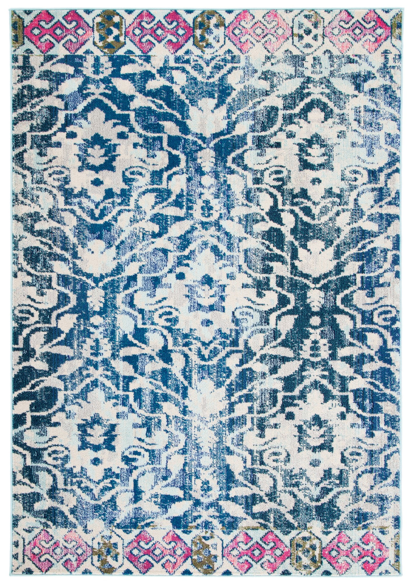 Ivory and Navy Rectangular Synthetic Area Rug
