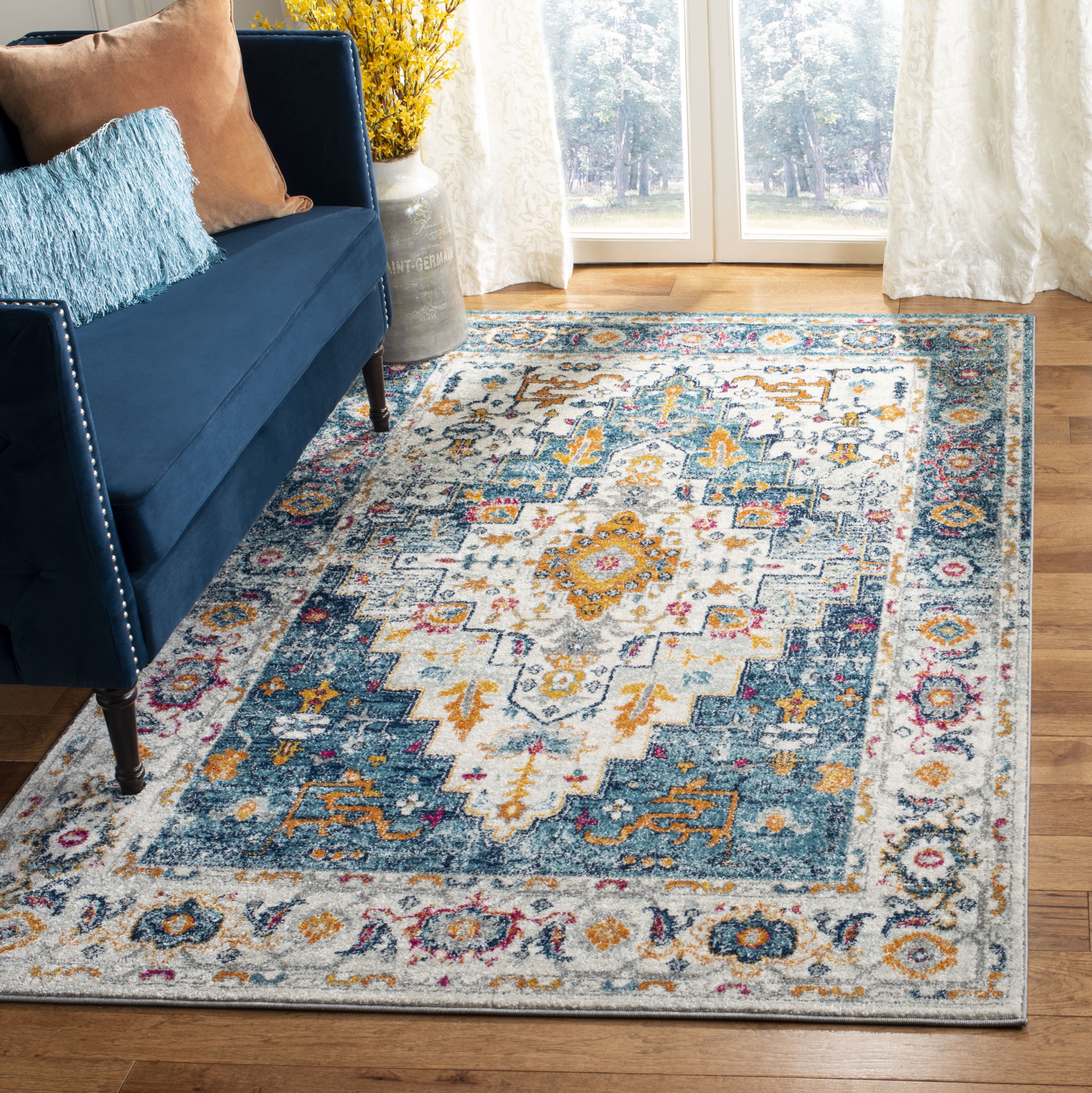 Ivory and Turquoise Floral Motif Rectangular Area Rug, 4' x 6'