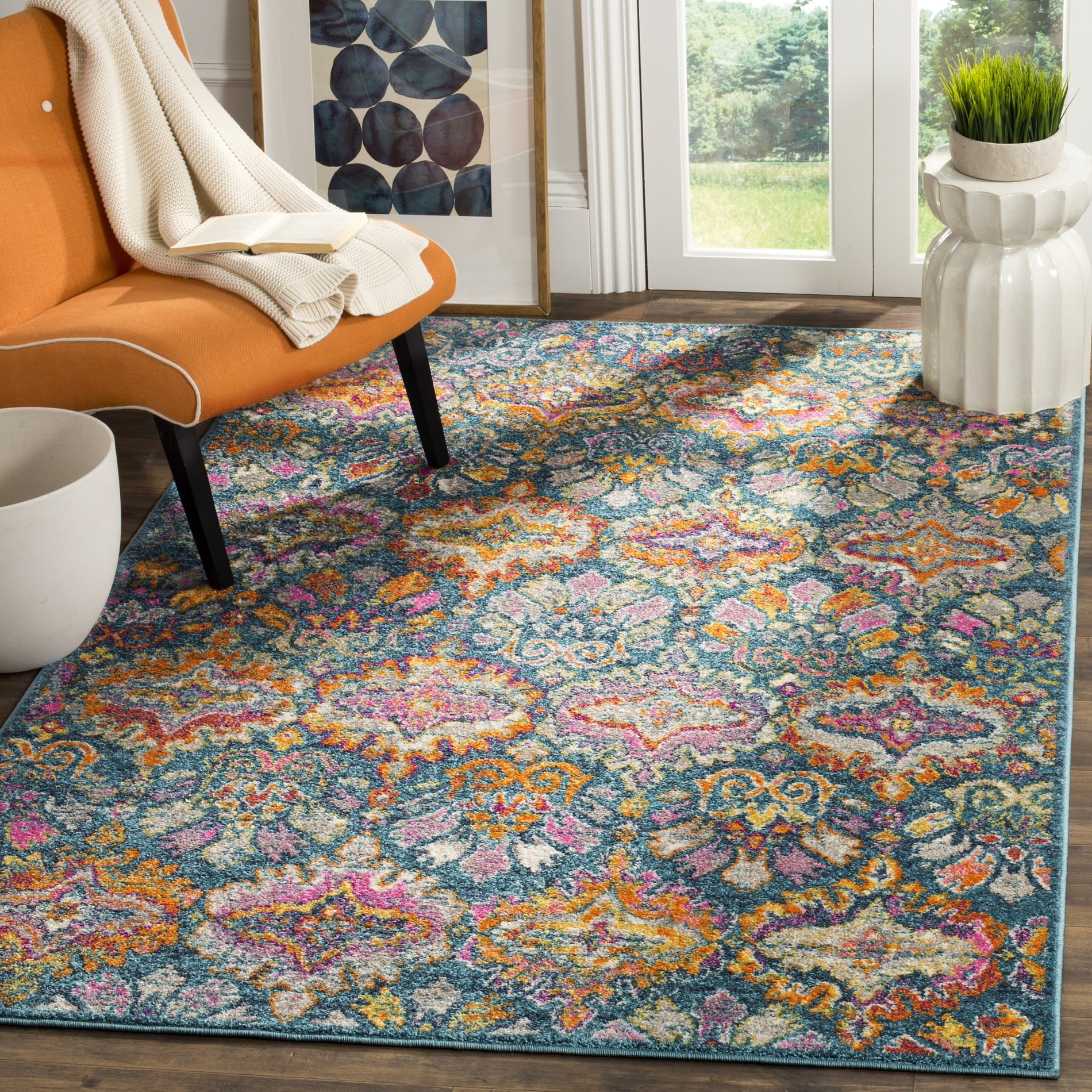 Madison Blue and Orange Synthetic Reversible Area Rug