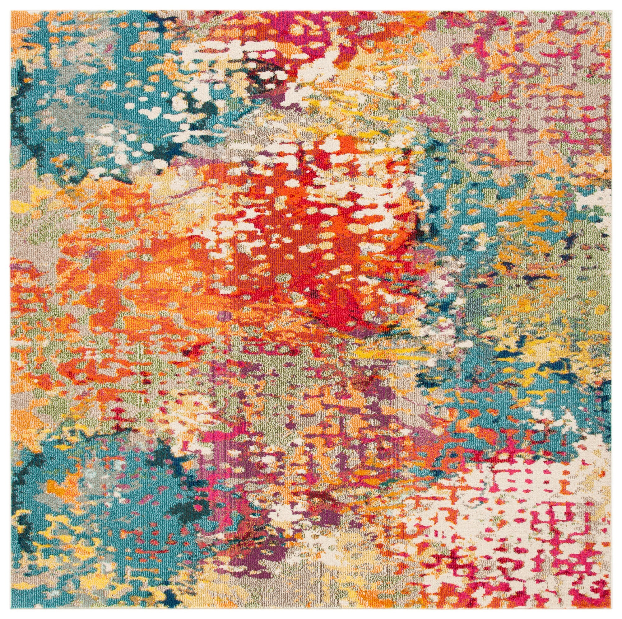 Ivory and Multicolor Square Synthetic Area Rug