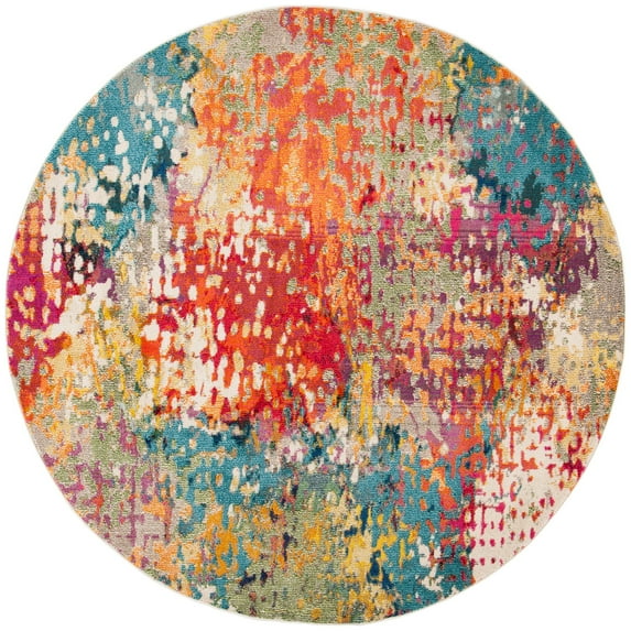 SAFAVIEH Madison Colleen Abstract Distressed Area Rug, Ivory/Multi, 9' x 9' Round