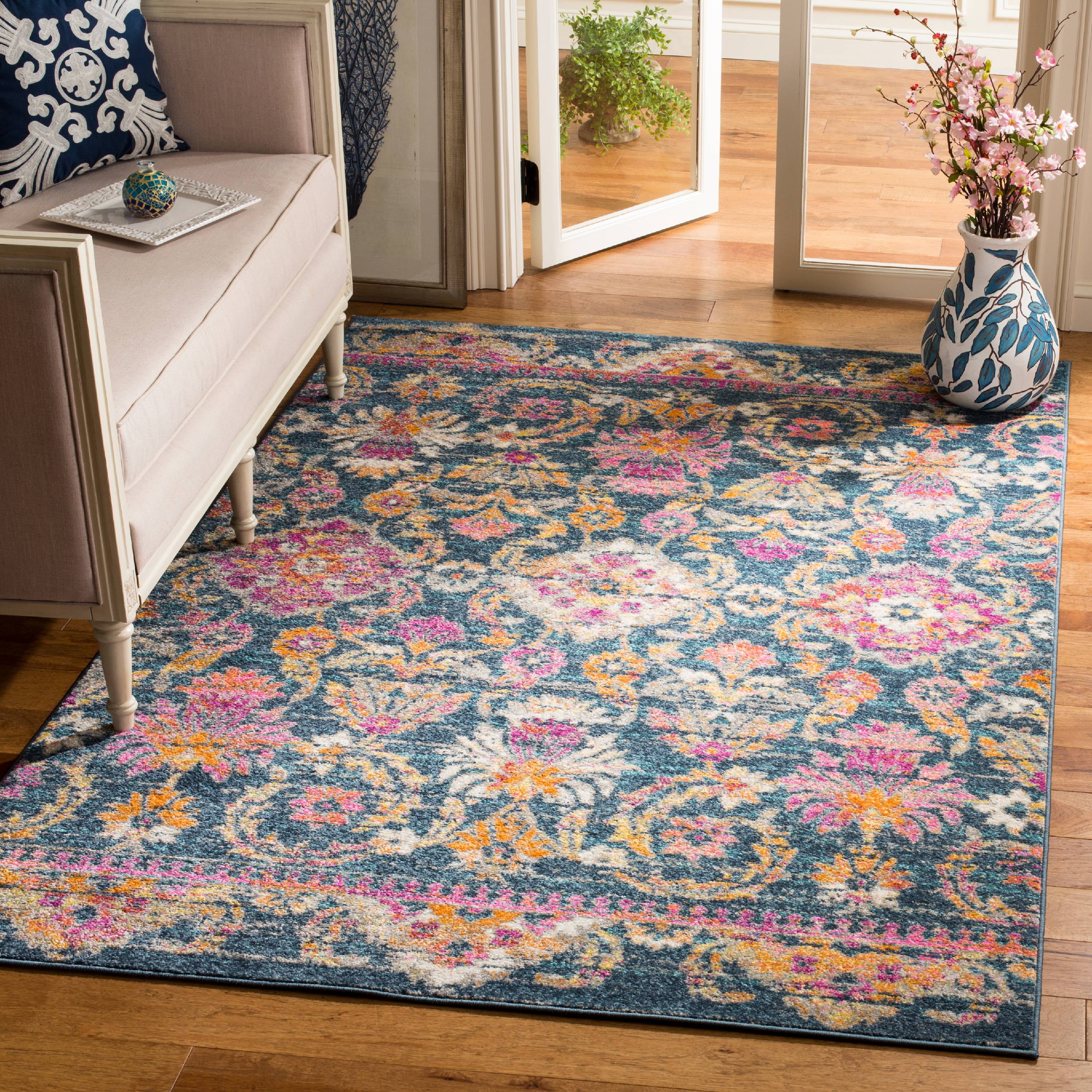 Blue and Fuchsia Hand-Knotted Synthetic Area Rug