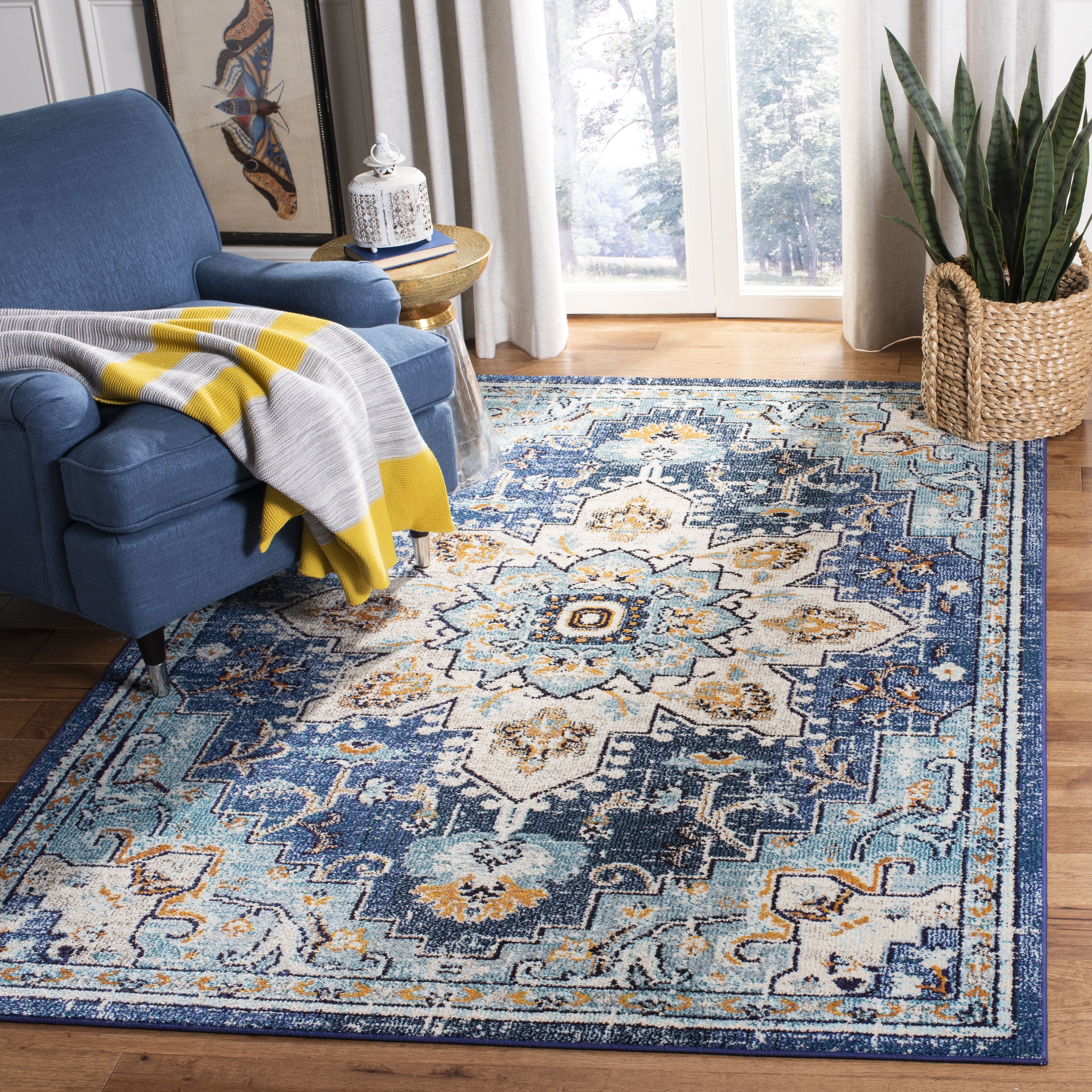 Blue and Light Blue Synthetic Non-slip Area Rug